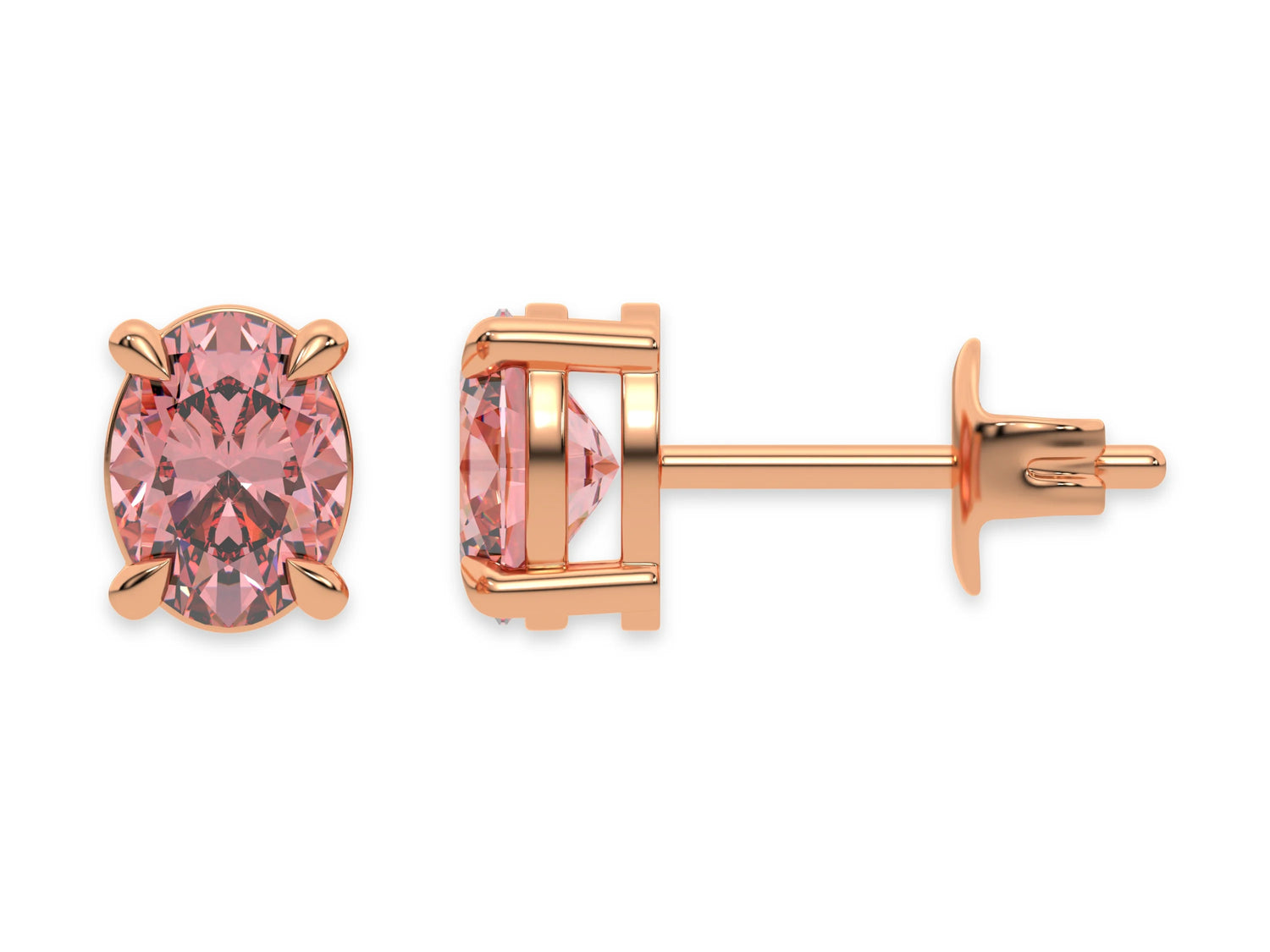 10k rose gold oval diamond earrings made with a fancy pink oval cut diamond set in a four prong setting