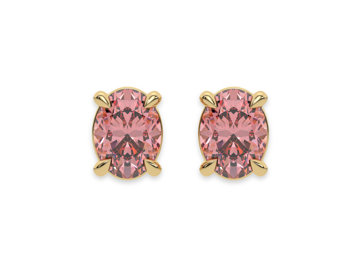 18k white gold oval diamond earrings made with a fancy pink oval cut diamond set in a four prong setting