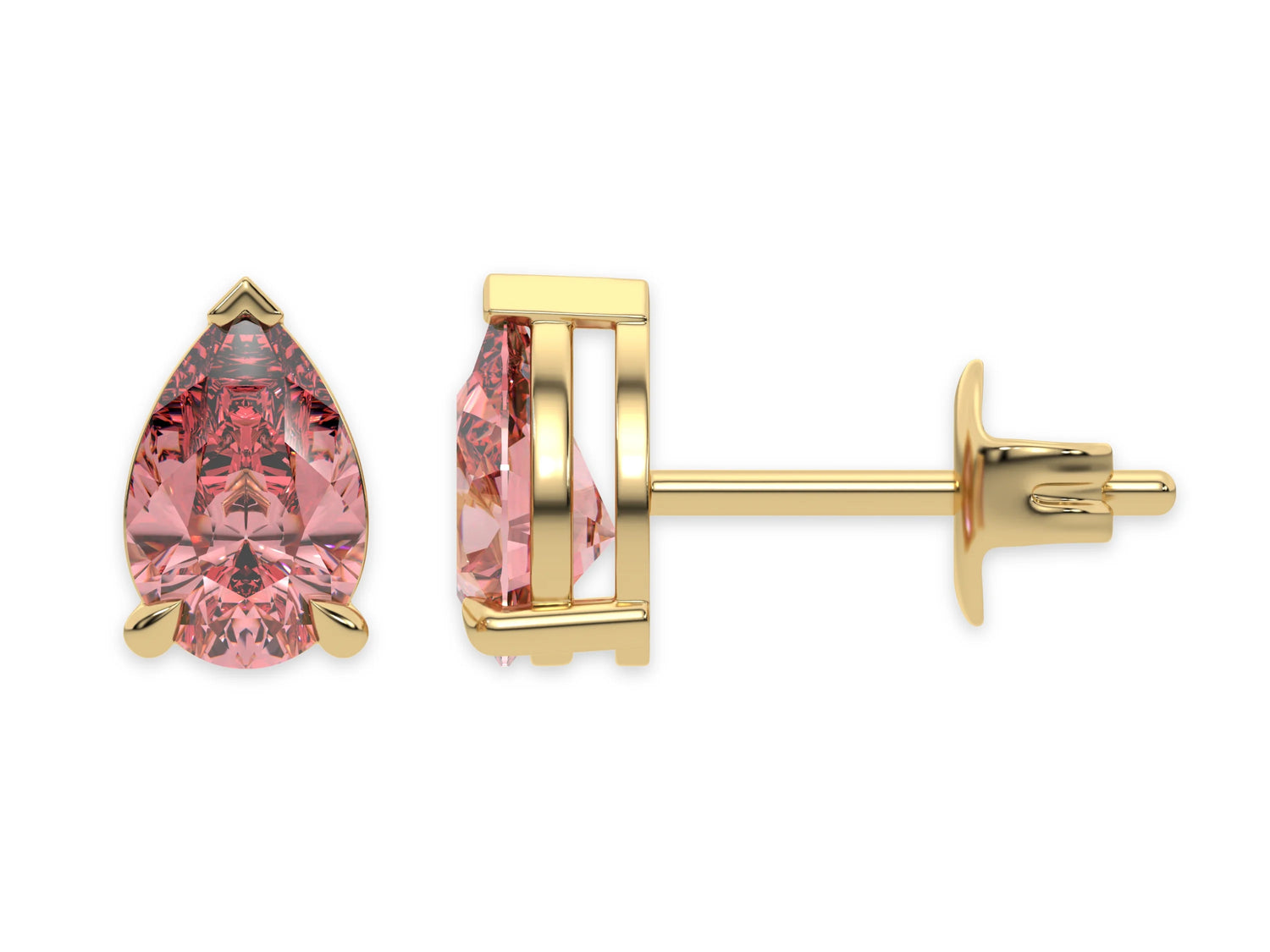 18k yellow gold Pear shaped diamond stud earrings made with a fancy pink pear shaped diamond set in a four prong setting