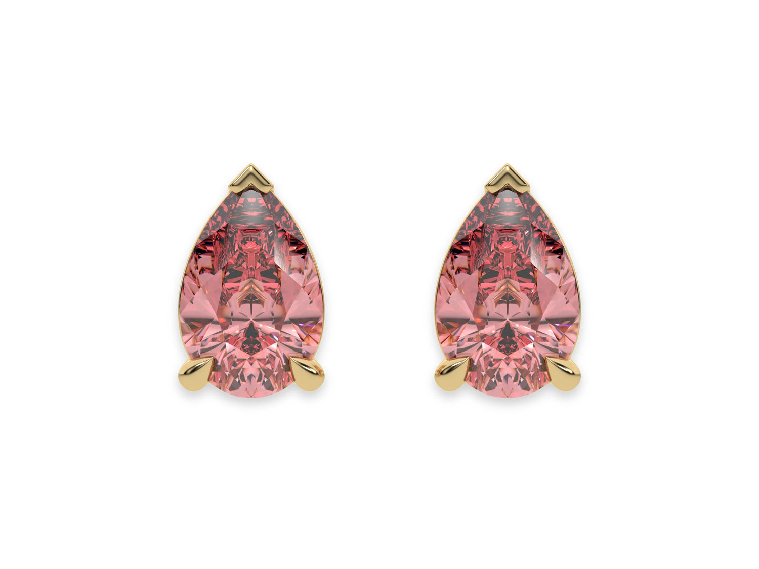 10k Yellow gold Pear shaped diamond stud earrings made with a fancy pink pear shaped diamond set in a four prong setting
