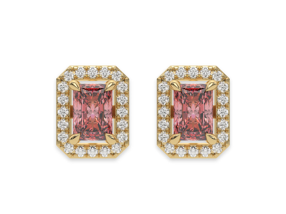 14K yellow Gold Radiant Halo Diamond Stud Earrings 