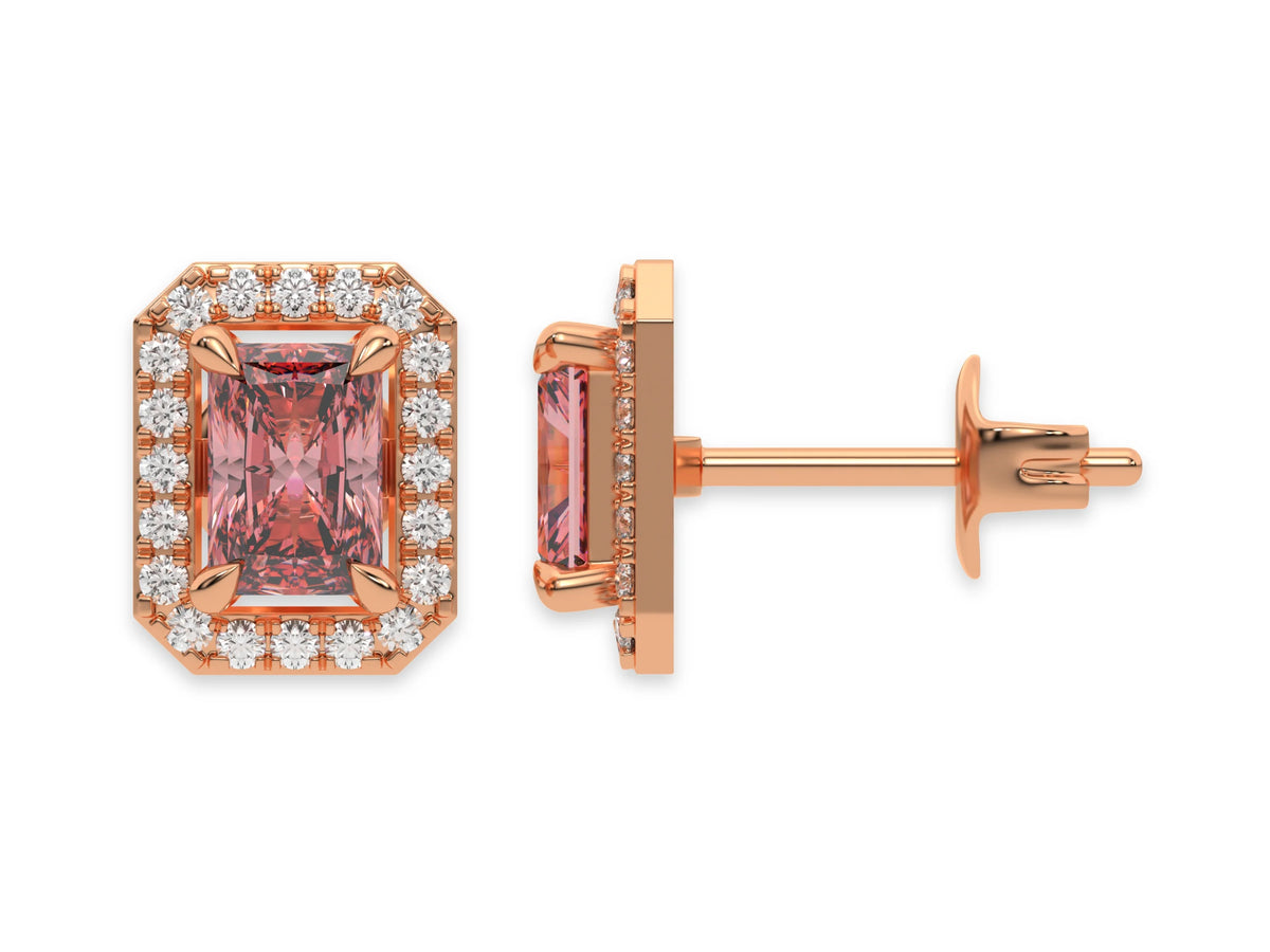 14K Rose Gold Radiant Halo Diamond Stud Earrings 