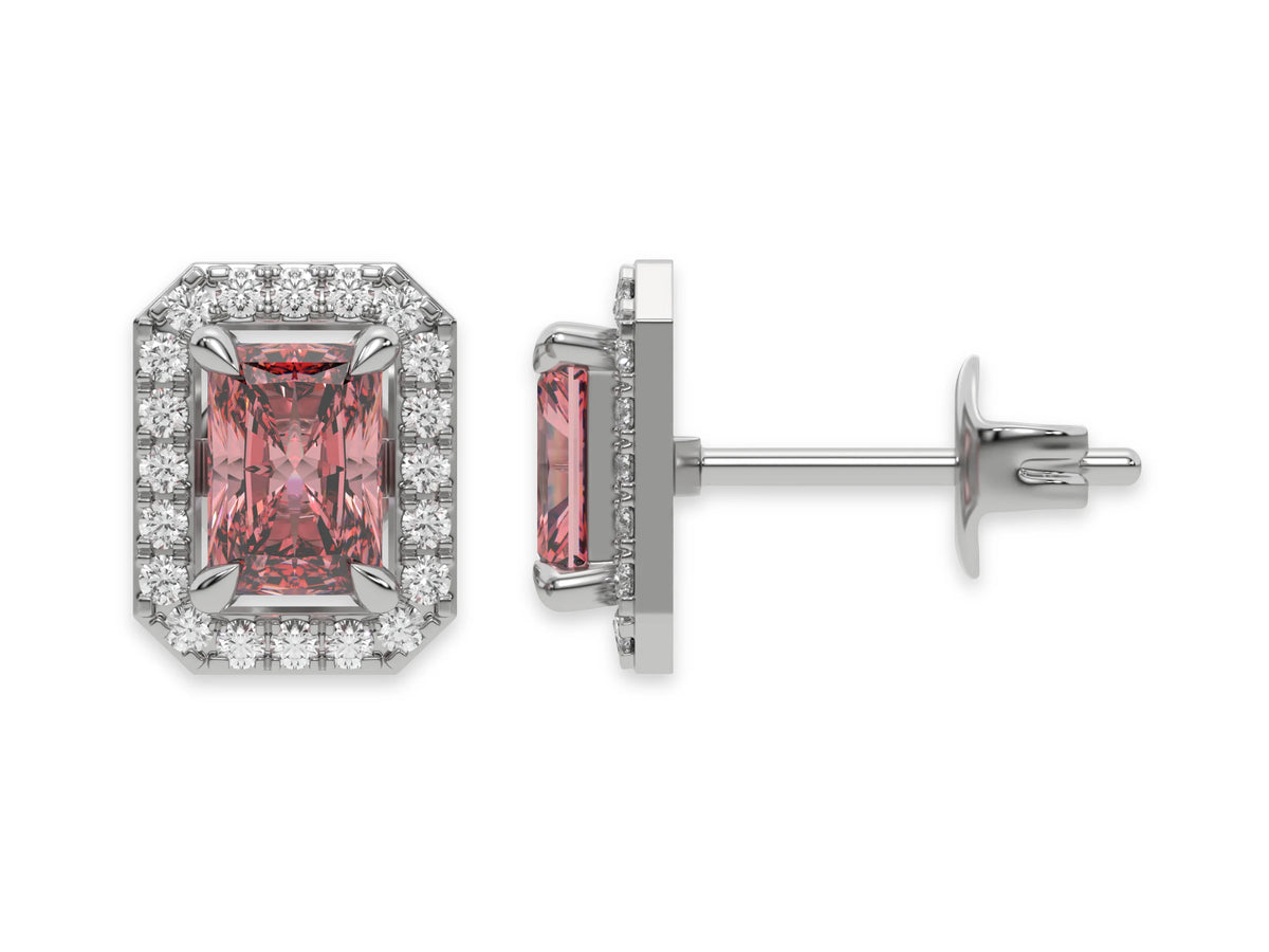 18K White Gold Radiant Halo Diamond Stud Earrings 