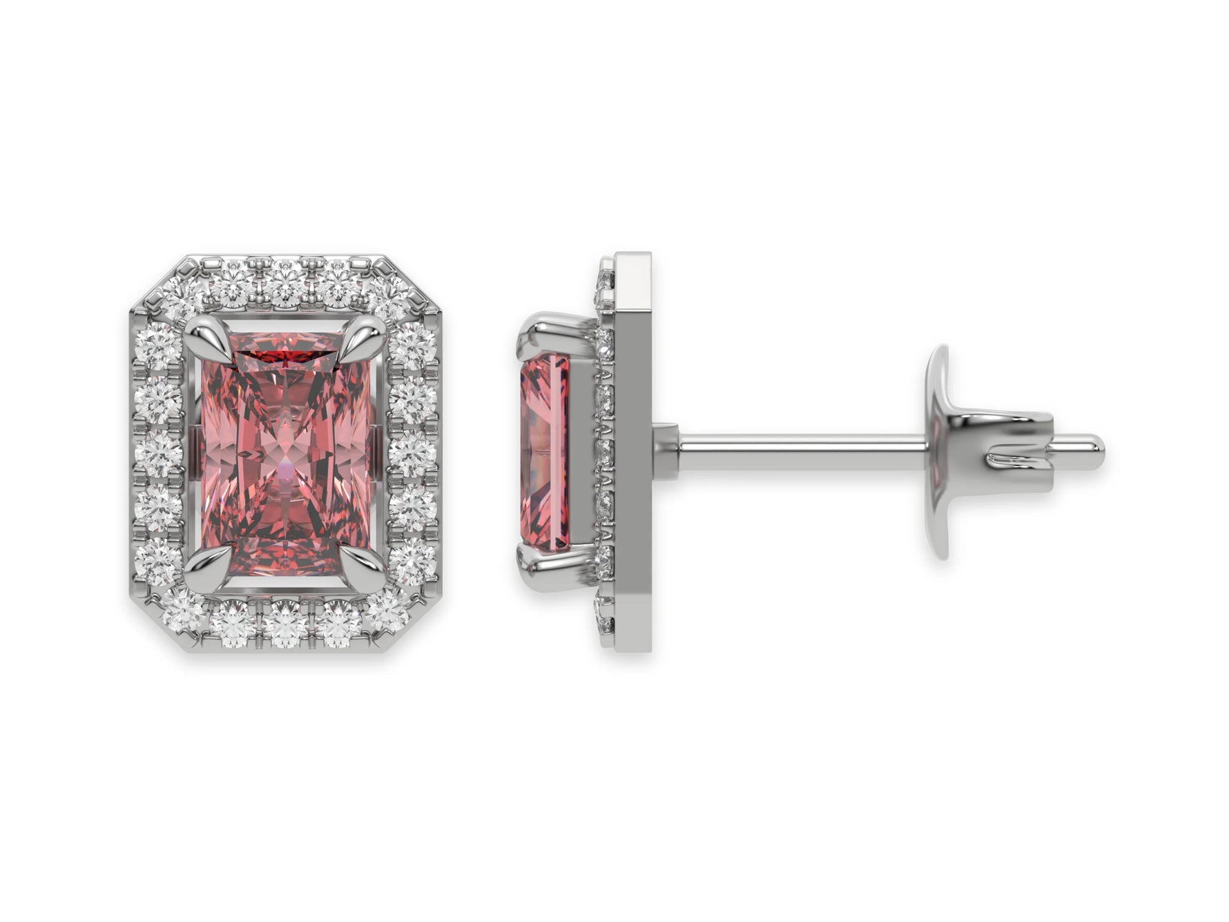 18K White Gold Radiant Halo Diamond Stud Earrings 