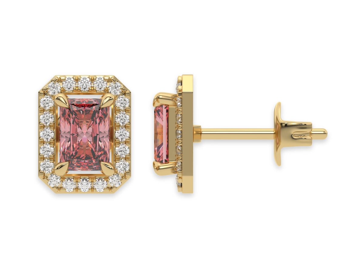 18K yellow Gold Radiant Halo Diamond Stud Earrings 