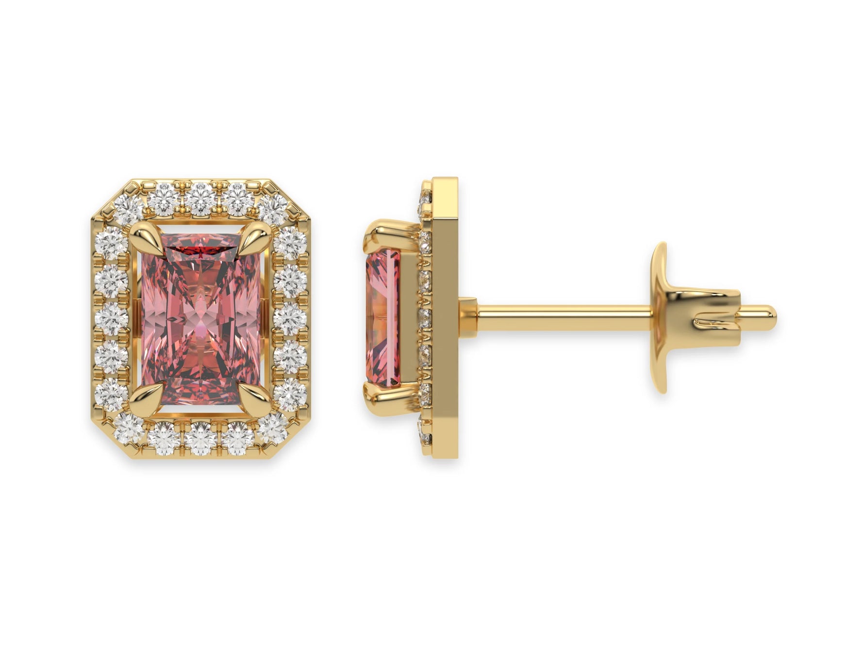 18K yellow Gold Radiant Halo Diamond Stud Earrings 