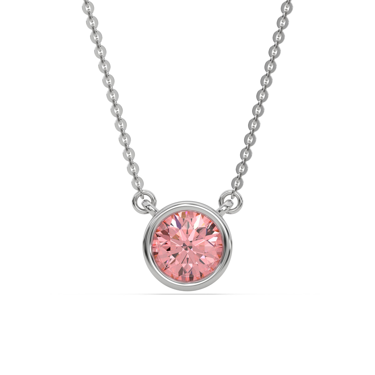 18K White Gold Fancy Pink Round Solitaire Diamond Necklace