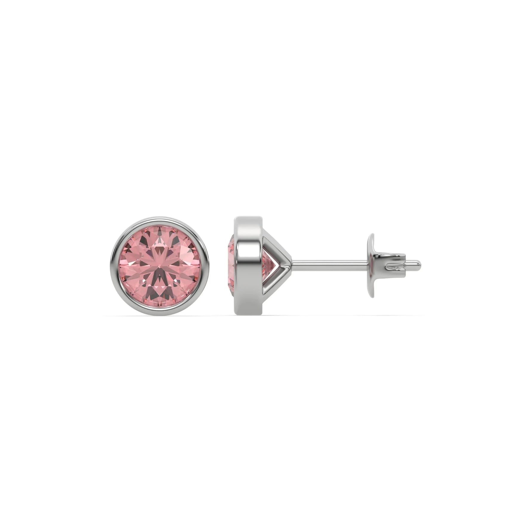 14K White fancy pink round stud earrings in yellow gold
