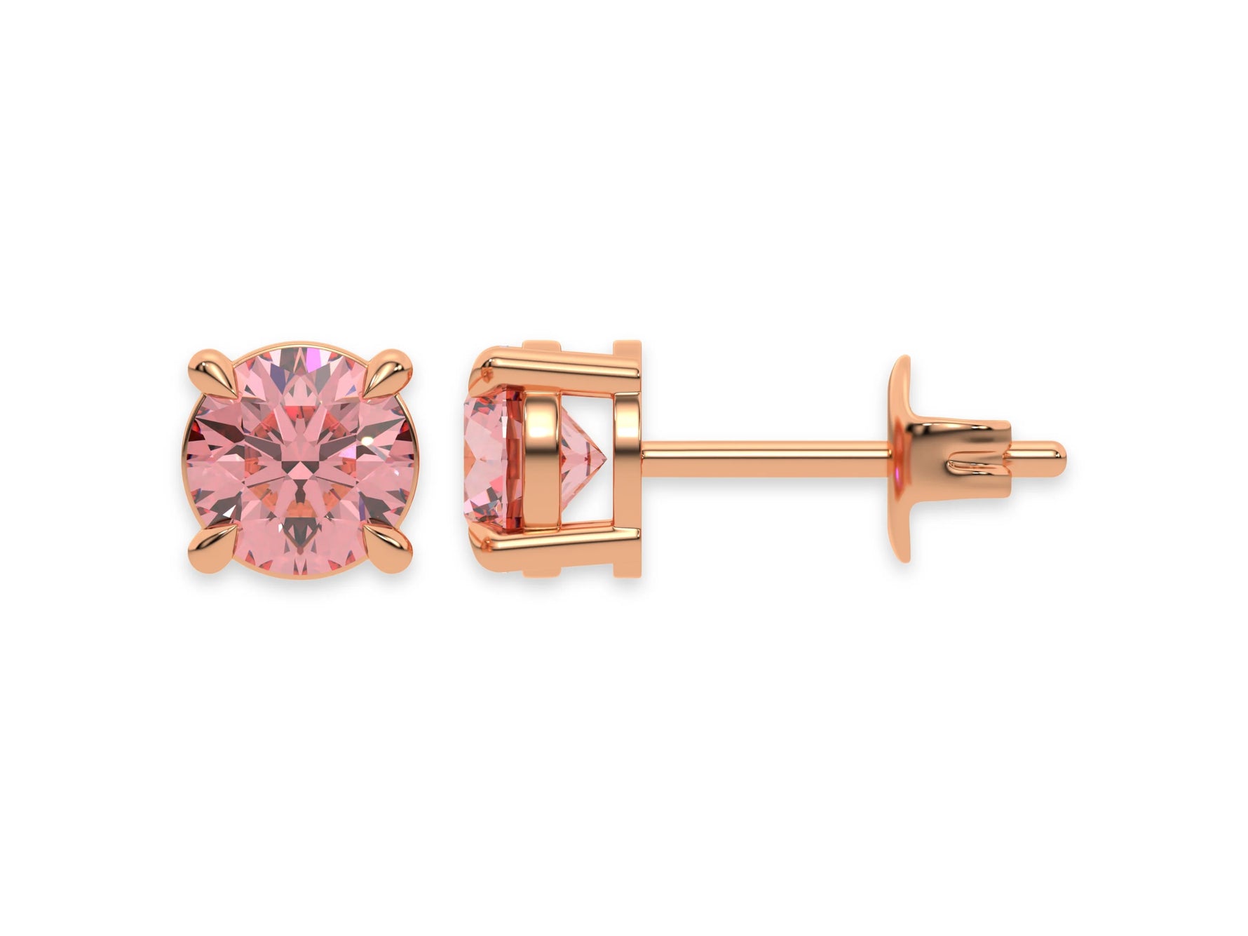 18k rose gold Round Diamond Studs made with fancy pink round brilliant-cut diamonds set in a four prong setting