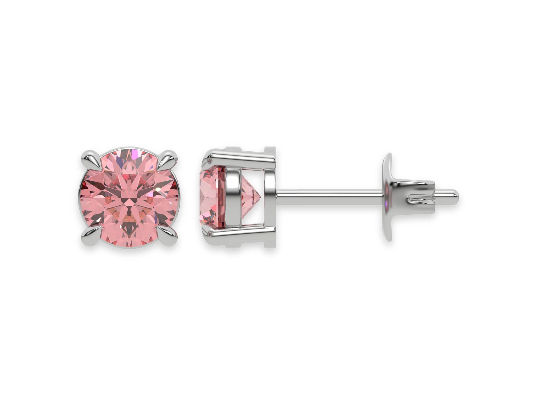 10k white gold Round Diamond Studs made with fancy pink round brilliant-cut diamonds set in a four prong setting