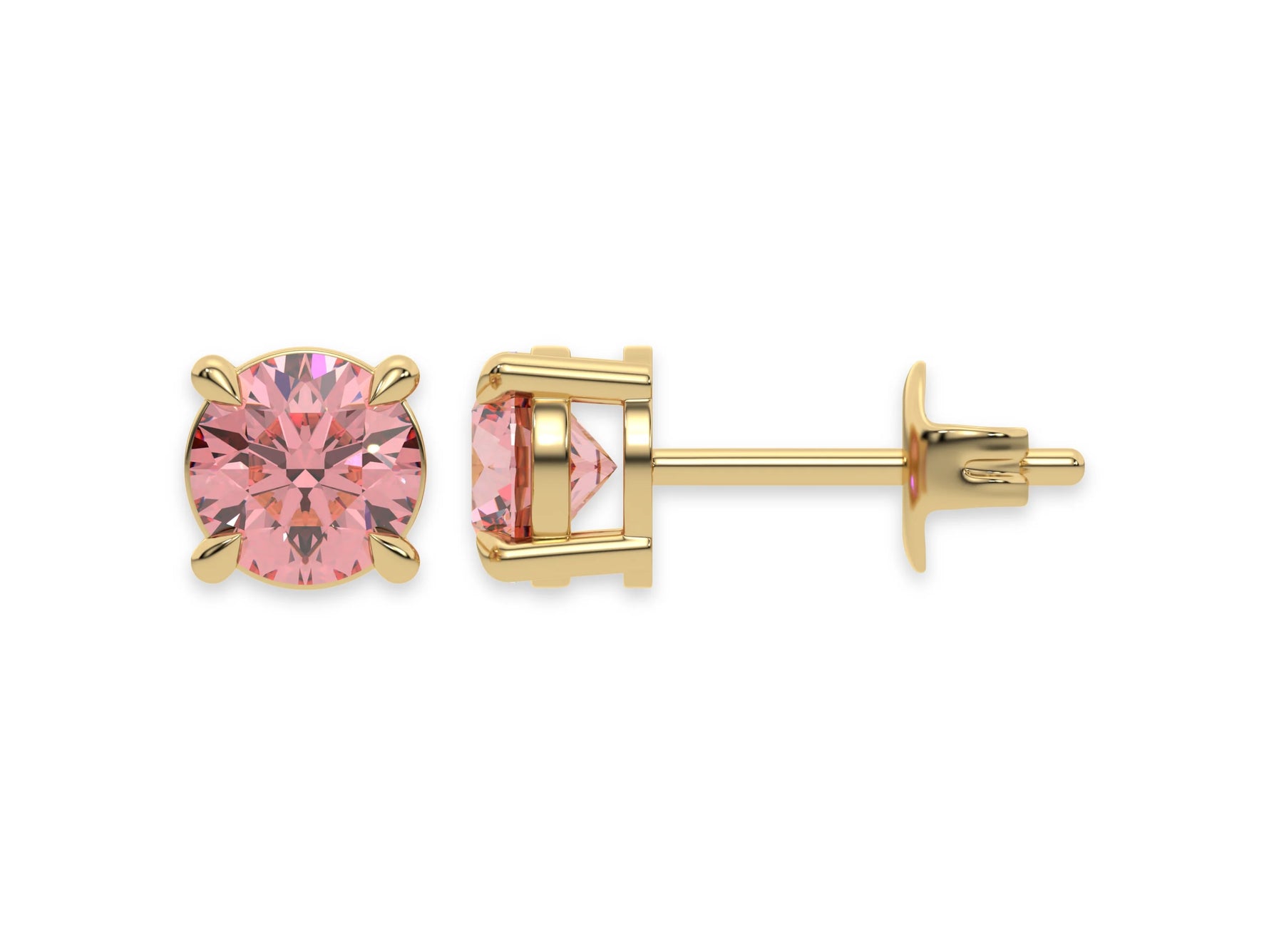 14k yellow gold Round Diamond Studs made with fancy pink round brilliant-cut diamonds set in a four prong setting