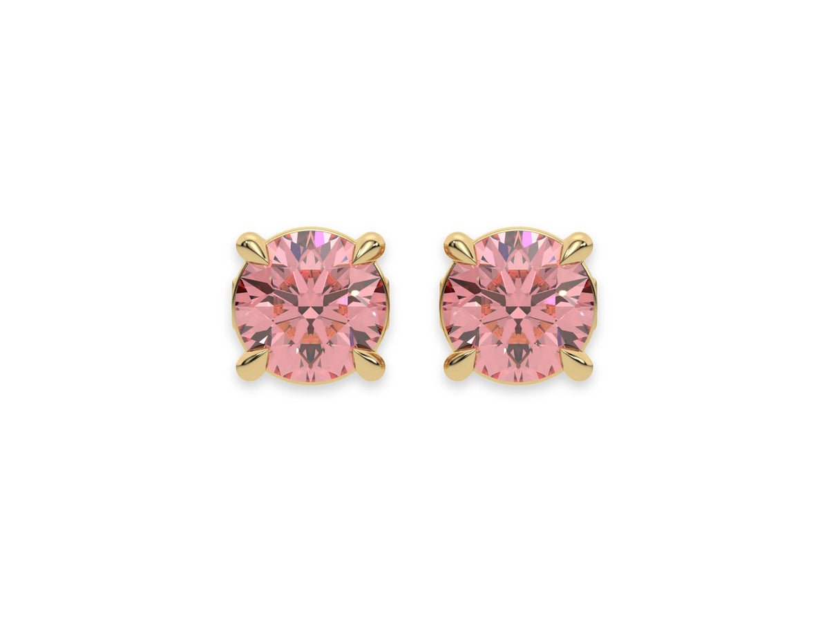14k Yellow gold Round Diamond Studs made with fancy pink round brilliant-cut diamonds set in a four prong setting