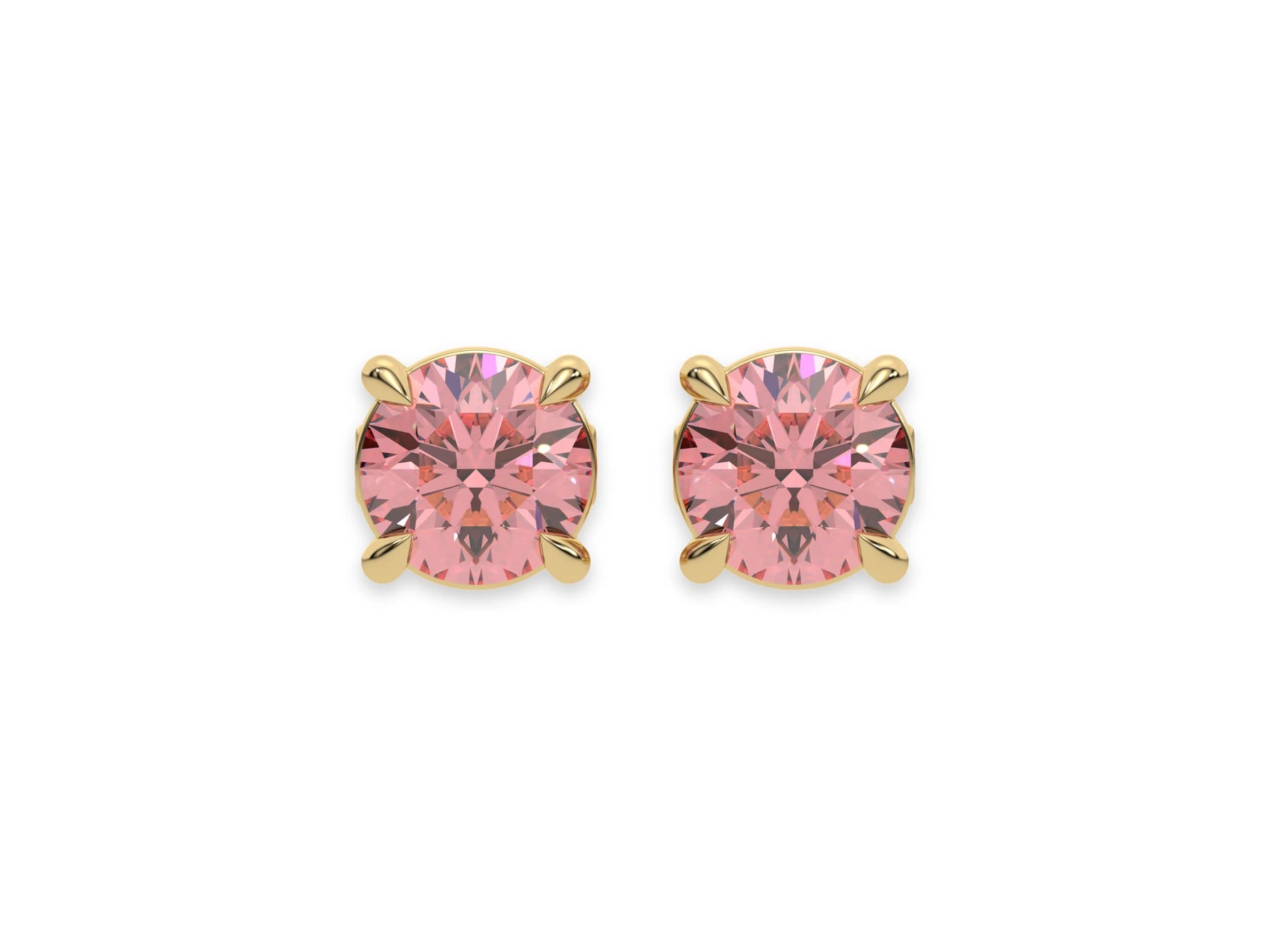 14k Yellow gold Round Diamond Studs made with fancy pink round brilliant-cut diamonds set in a four prong setting