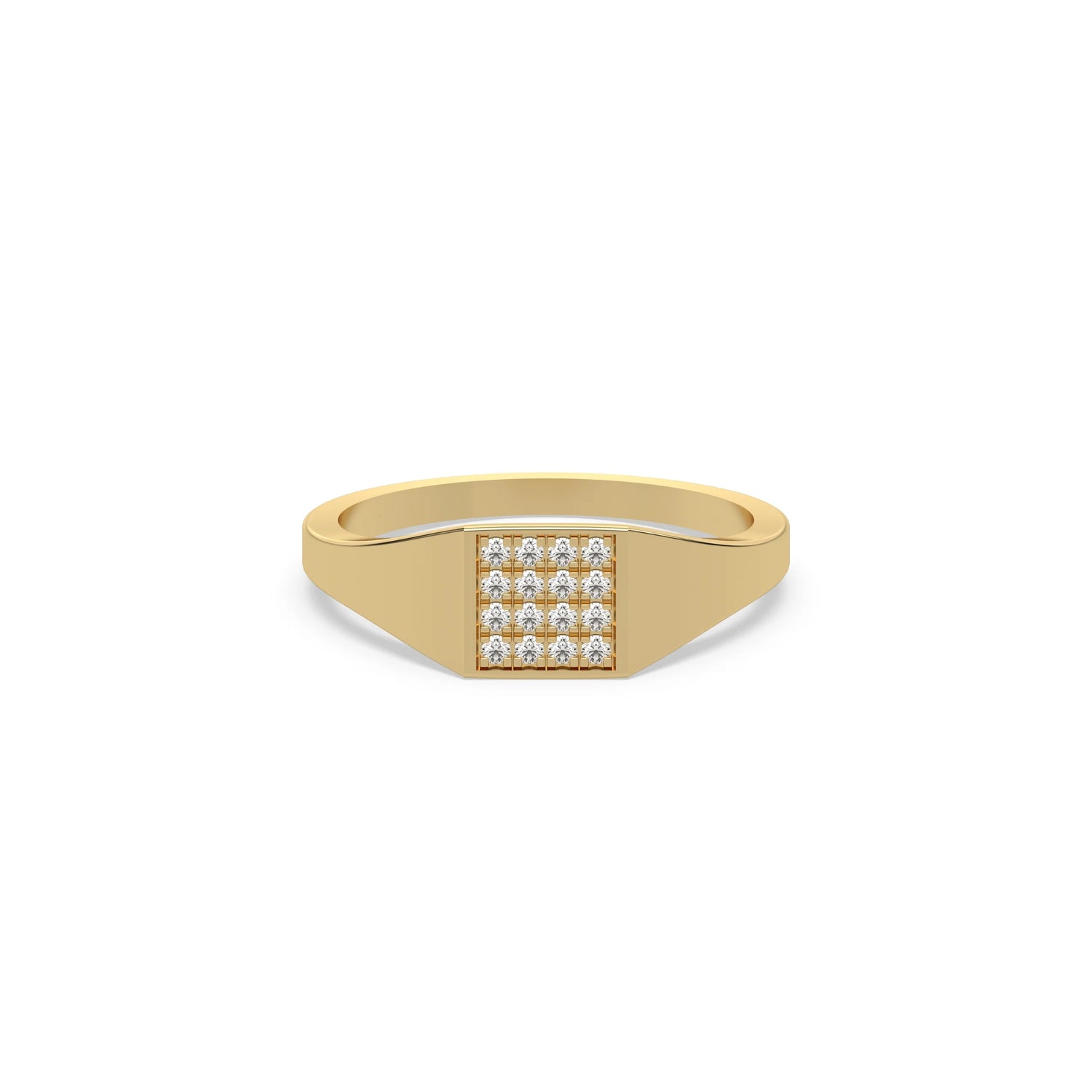 This yellow gold ring displayed in front view is made with brilliant-cut round diamonds and set in a square shape in a micro pave setting