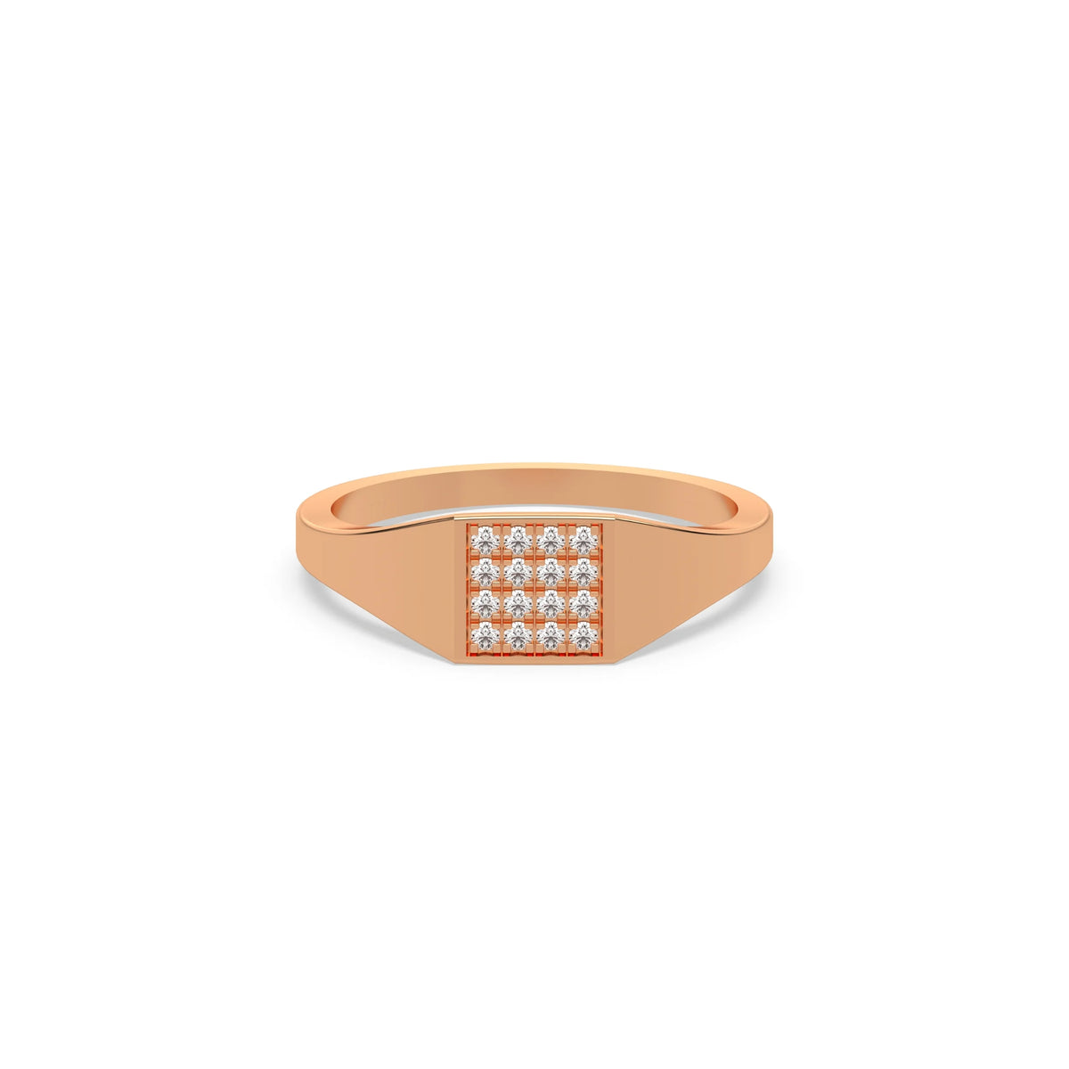 This rose gold ring displayed in front view is made with brilliant-cut round diamonds and set in a square shape in a micro pave setting