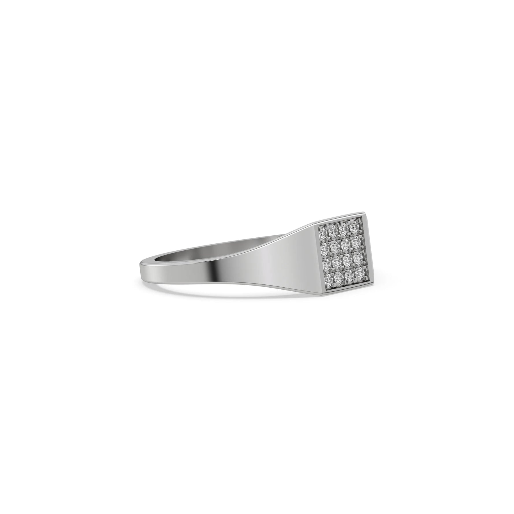 This white gold ring displayed in side view is made with brilliant-cut round diamonds and set in a square shape in a micro pave setting