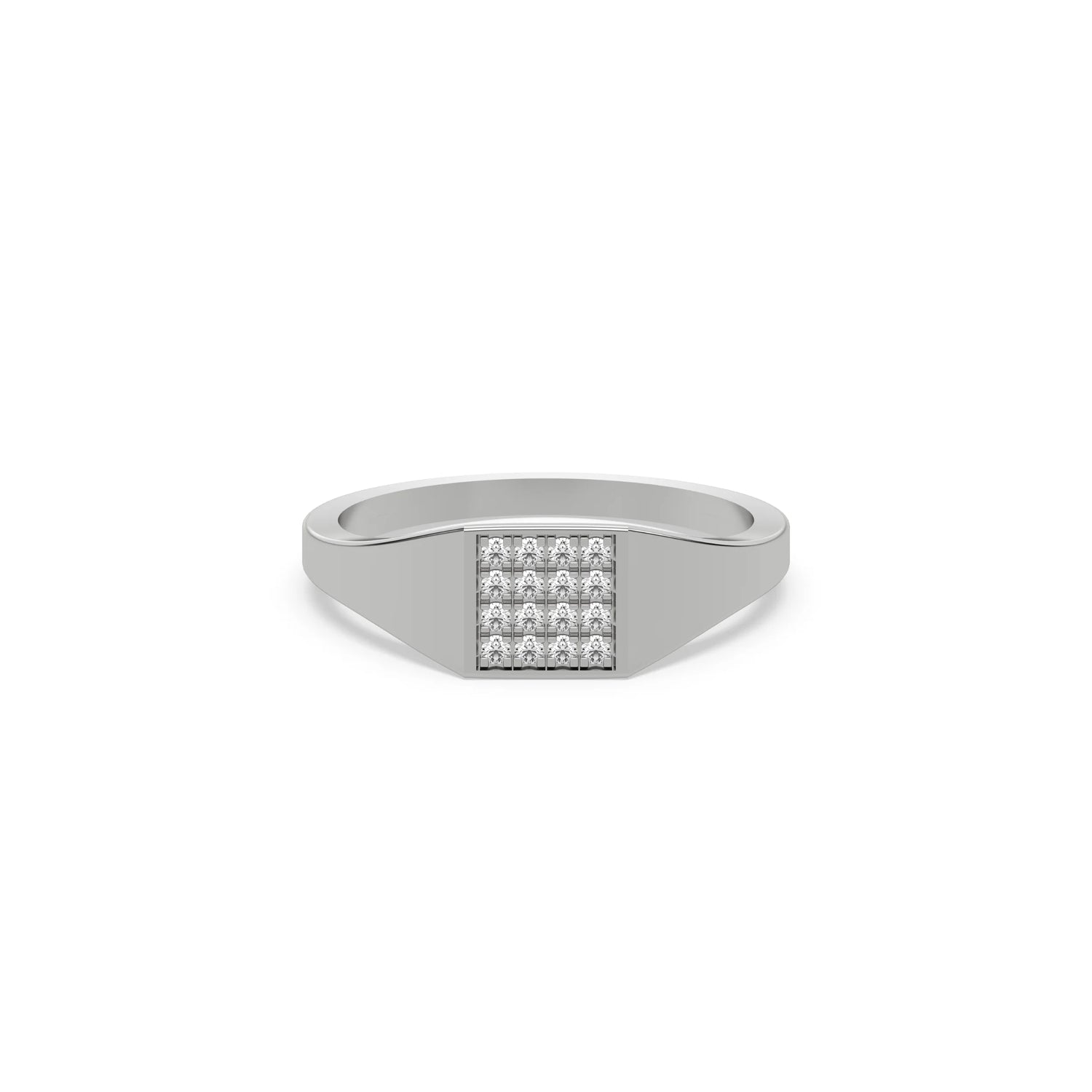 This white gold ring displayed in front view is made with brilliant-cut round diamonds and set in a square shape in a micro pave setting