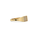 This yellow gold ring displayed in side view is made with brilliant-cut round diamonds and set in a square shape in a micro pave setting