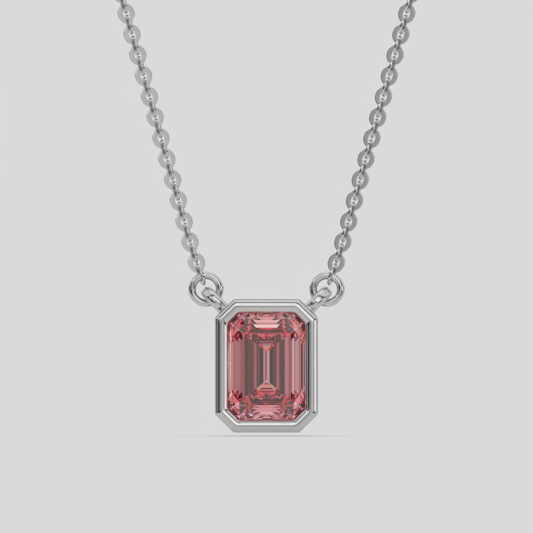 14K White Gold 1 CT Fancy Pink Emerald Solitaire Diamond Necklace