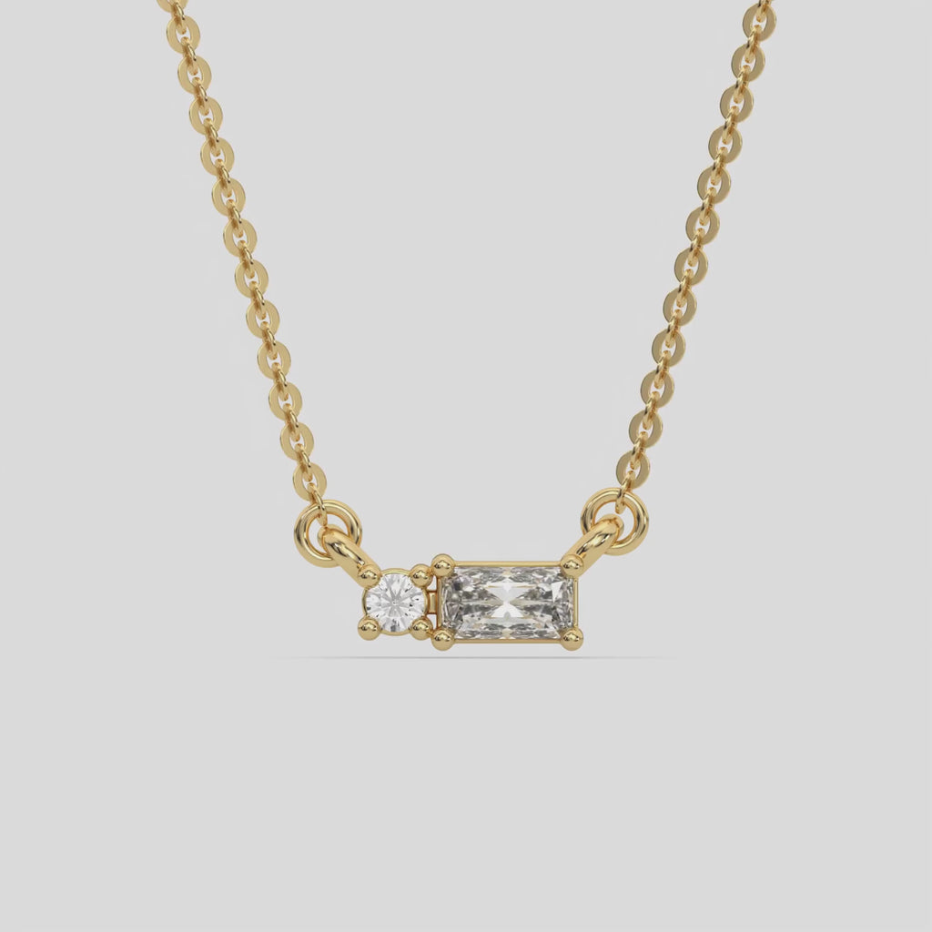 This yellow gold Cluster Diamond Necklace made with radiant and round diamonds, positioned right next to each other and securely set in prong setting