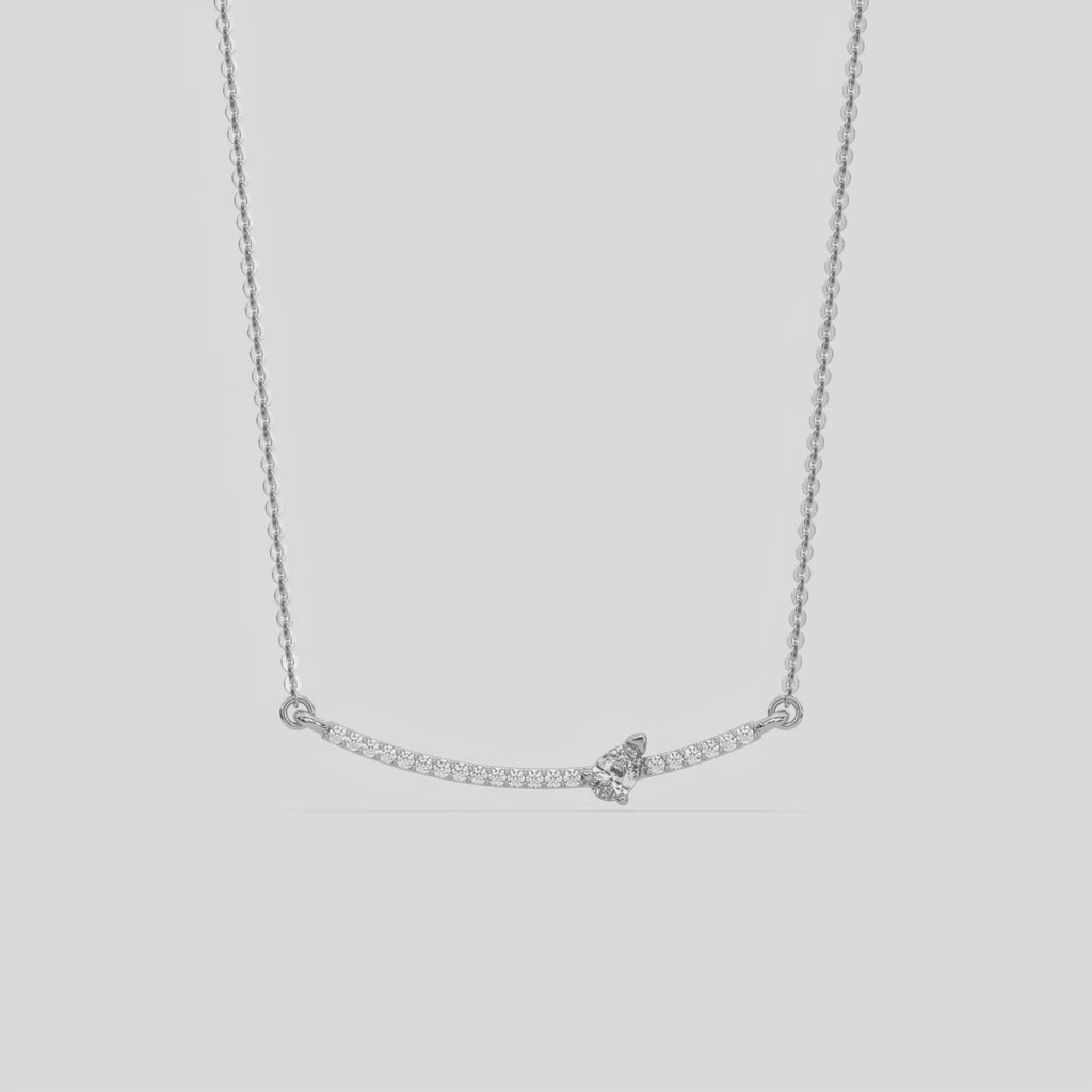 Curved Bar Diamond Necklace made with round brilliant-cut diamond in prong setting with a pear solitaire on top set at an angle with adjustable chain