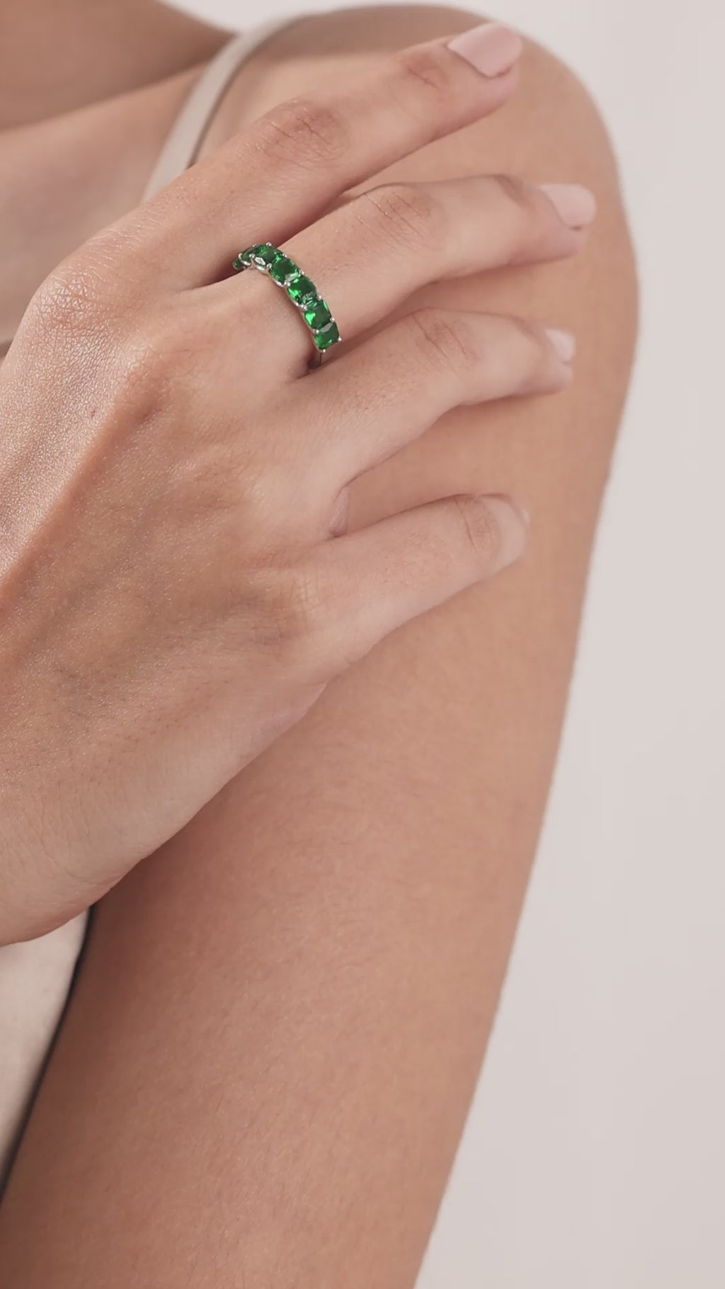 14K White  Gold Asscher Emerald Gemstone Eternity Ring