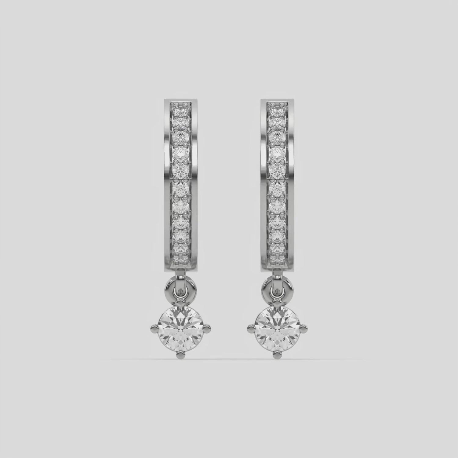 This video features a white gold Dangling Round Diamond Hoop Earrings handmade with round brilliant-cut diamonds in pave setting