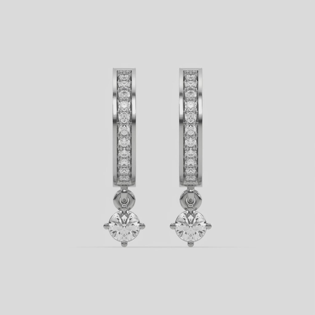 This video features a white gold Dangling Round Diamond Hoop Earrings handmade with round brilliant-cut diamonds in pave setting