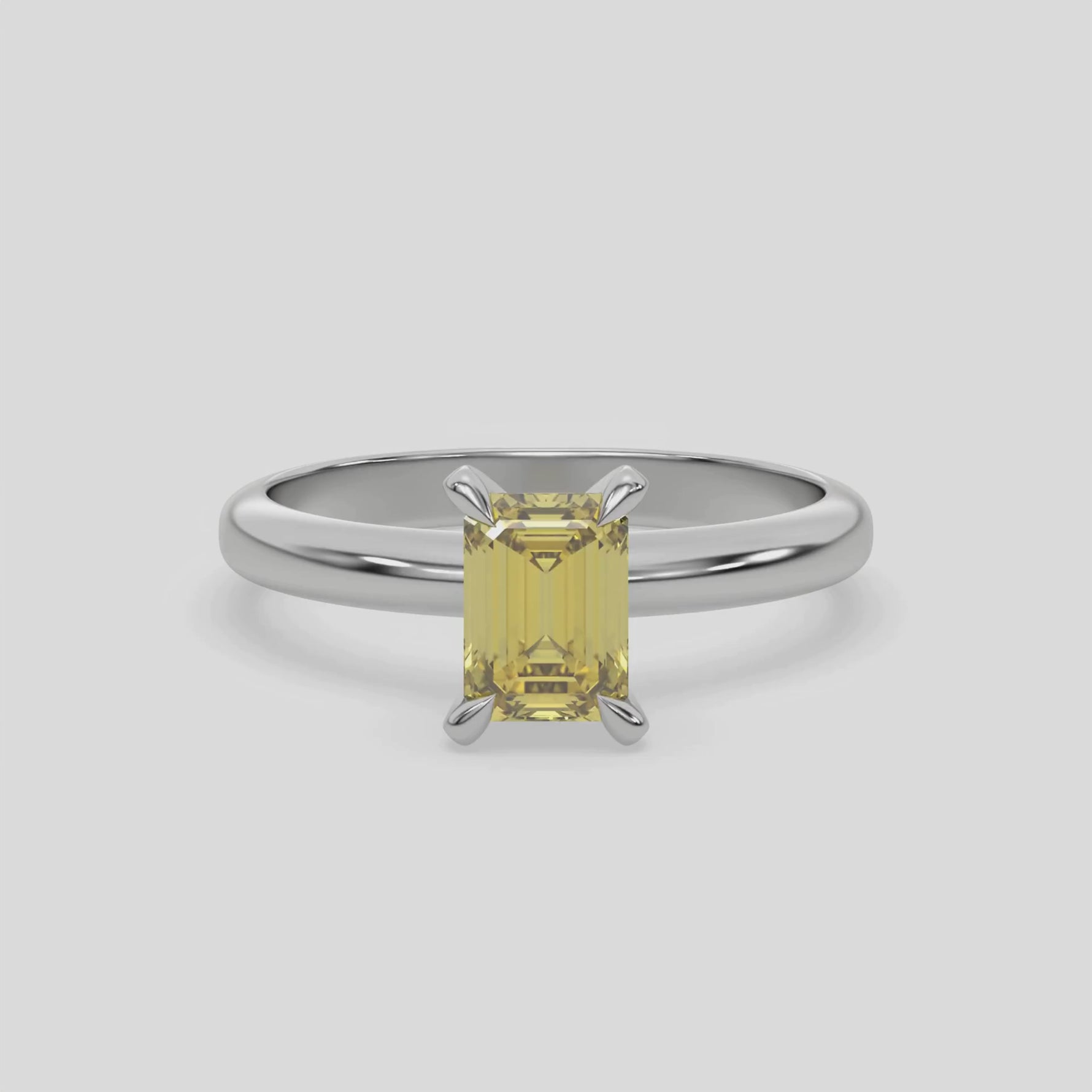 18K White Gold Fancy Yellow Diamond Emerald Solitaire Engagement Ring