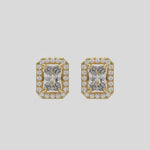 This video features a yellow gold Classic Radiant Diamond Halo Earrings made with a radiant-cut solitaire diamonds set in a four prong setting