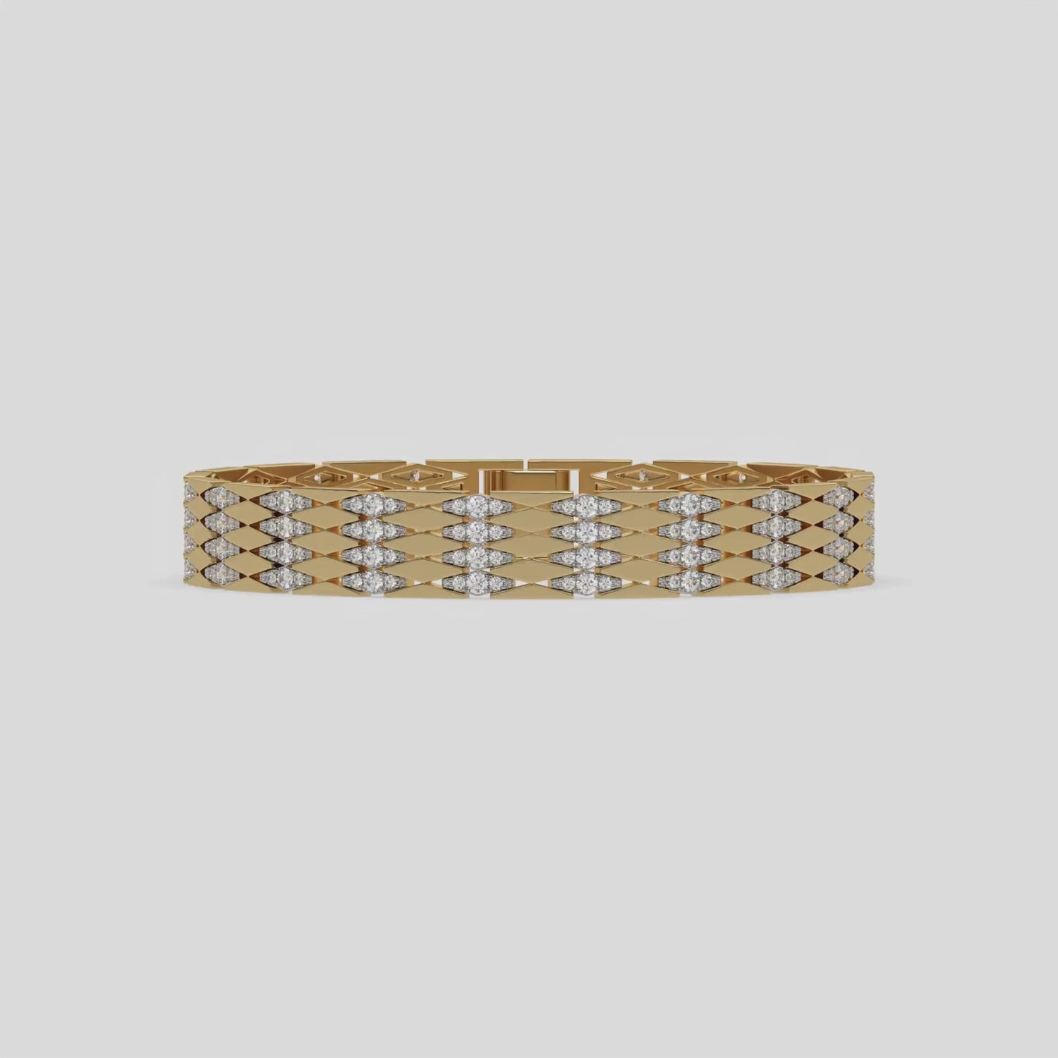 This video features a yellow gold Diamond link bracelet features 4.35 CT of round cut diamonds set in a prong setting 