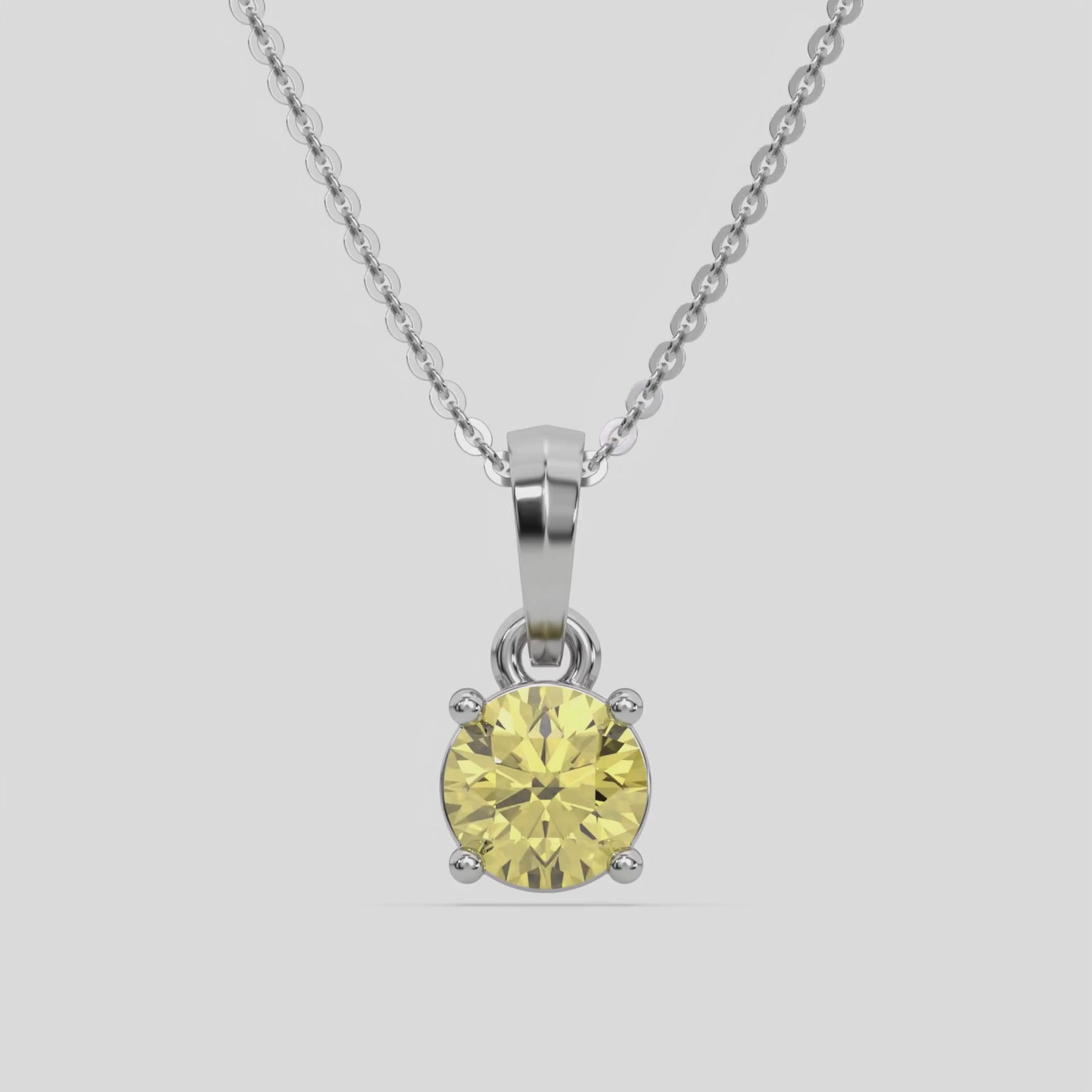 14K White Gold Fancy Yellow Round Cut Diamond Solitaire Necklace