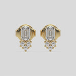 This video features a yellow gold Cluster Diamond Studs made with two different cuts of diamonds, radiant and round. The unique combination of different shapes forms a unique cluster design and all set in a prong setting