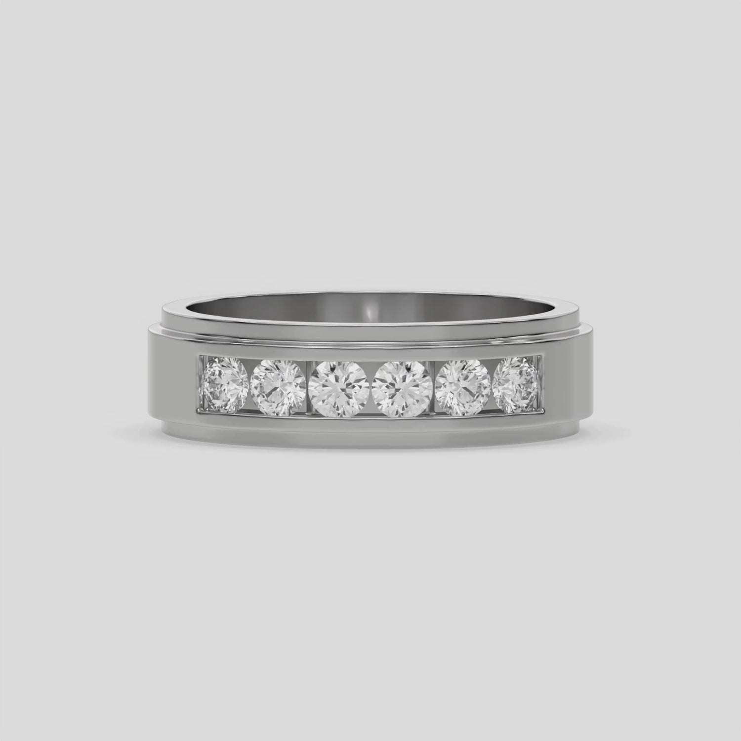 This men six-stone diamond ring is crafted from solid gold, featuring six round brilliant-cut diamonds meticulously set in a channel setting