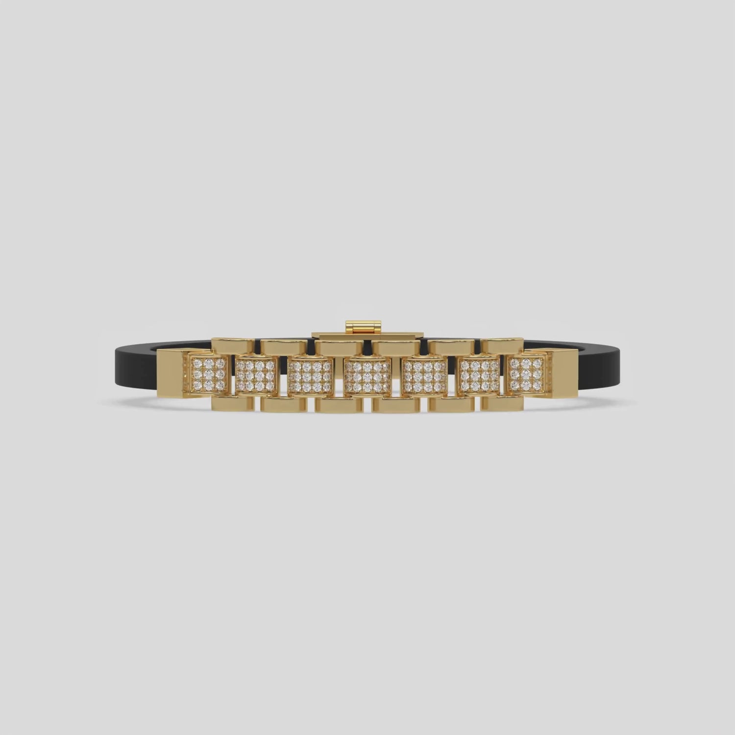 This video features a yellow gold Lex diamond rubber bracelet features 0.97 CT of round cut diamonds set in a pave setting 