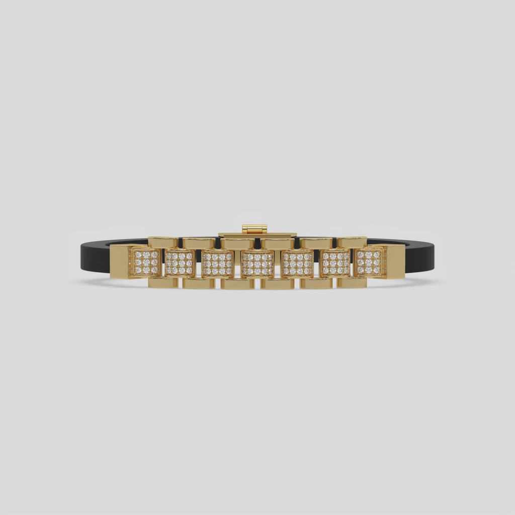 This video features a yellow gold Lex diamond rubber bracelet features 0.97 CT of round cut diamonds set in a pave setting 