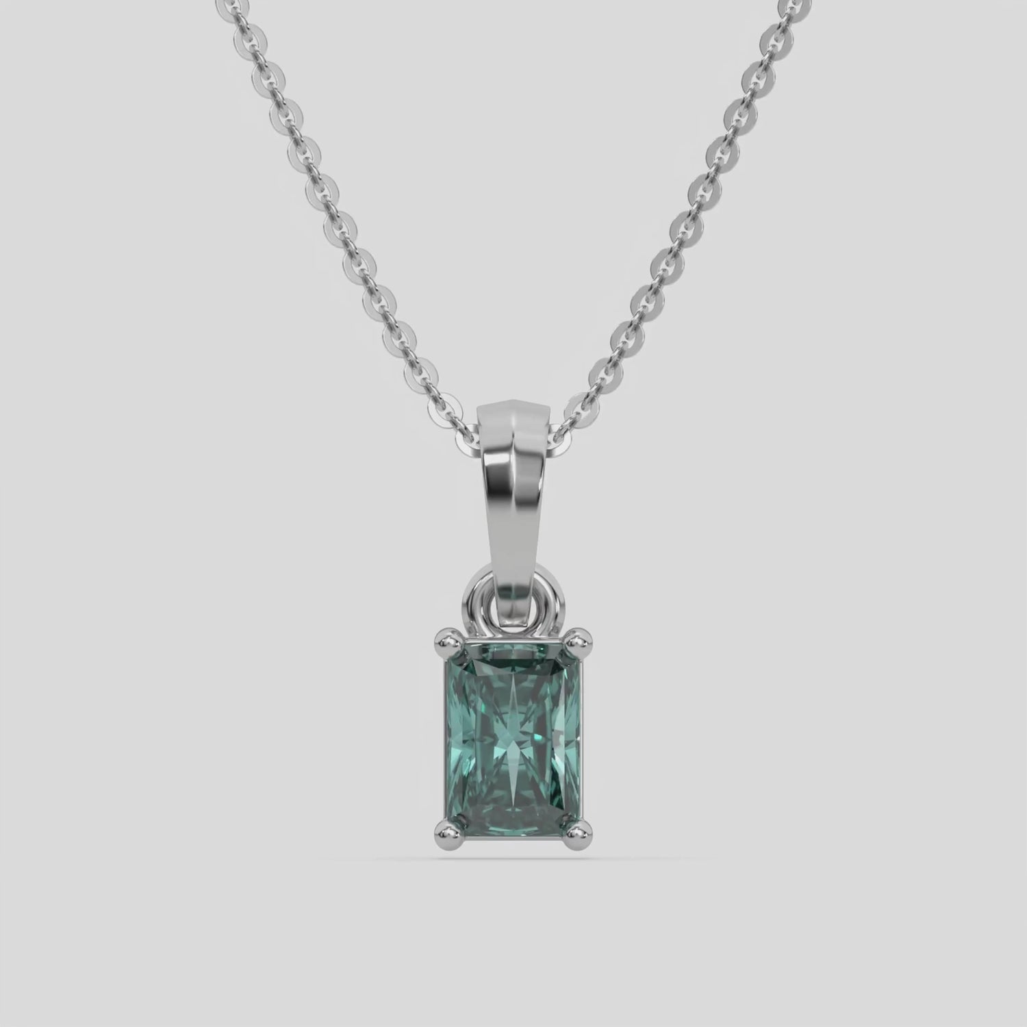  Fancy Green Radiant Solitaire Diamond Necklace made with fancy radiant cut diamond in a four prong setting with adjustable chain 