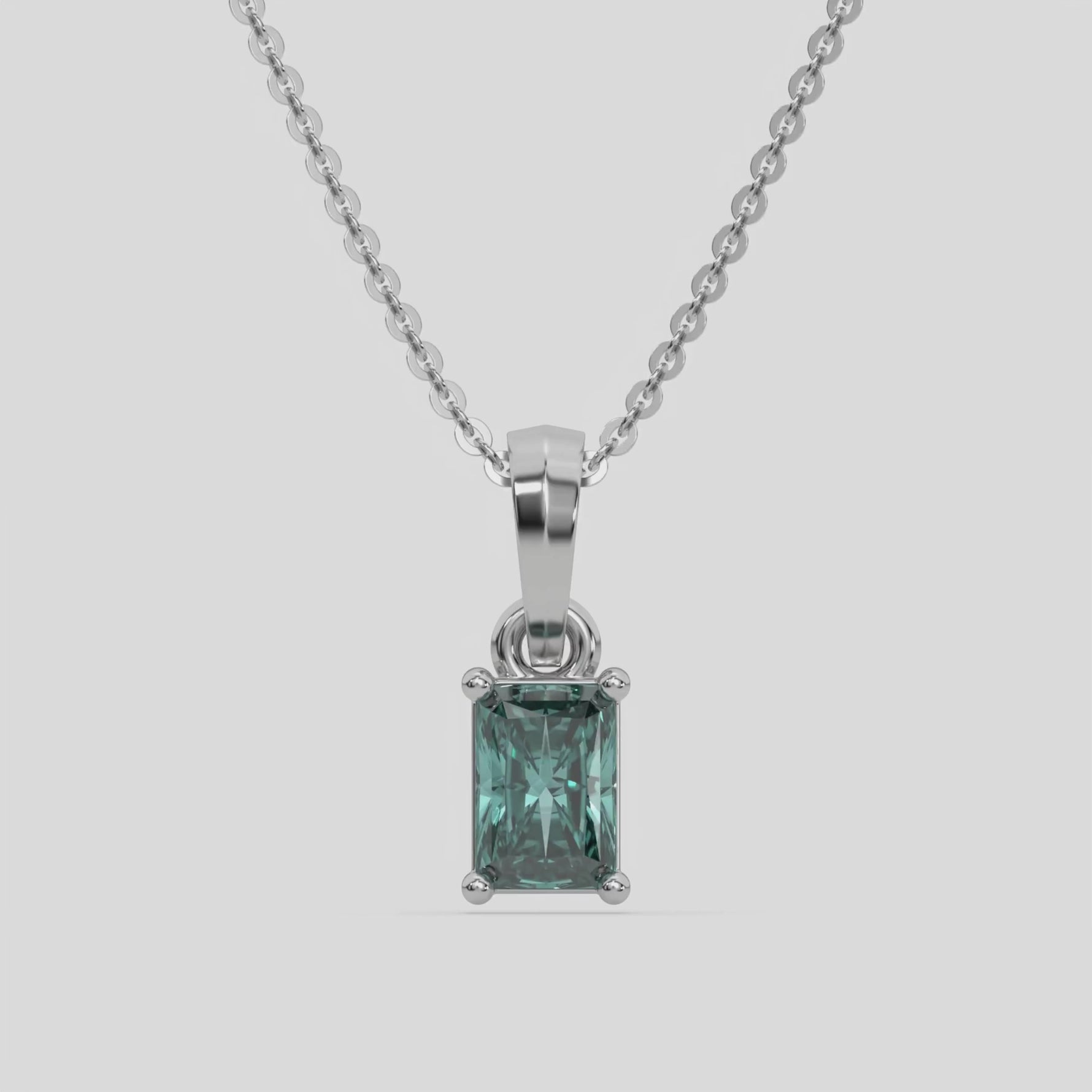 14K White Gold Fancy Green Radiant Solitaire Diamond Necklace