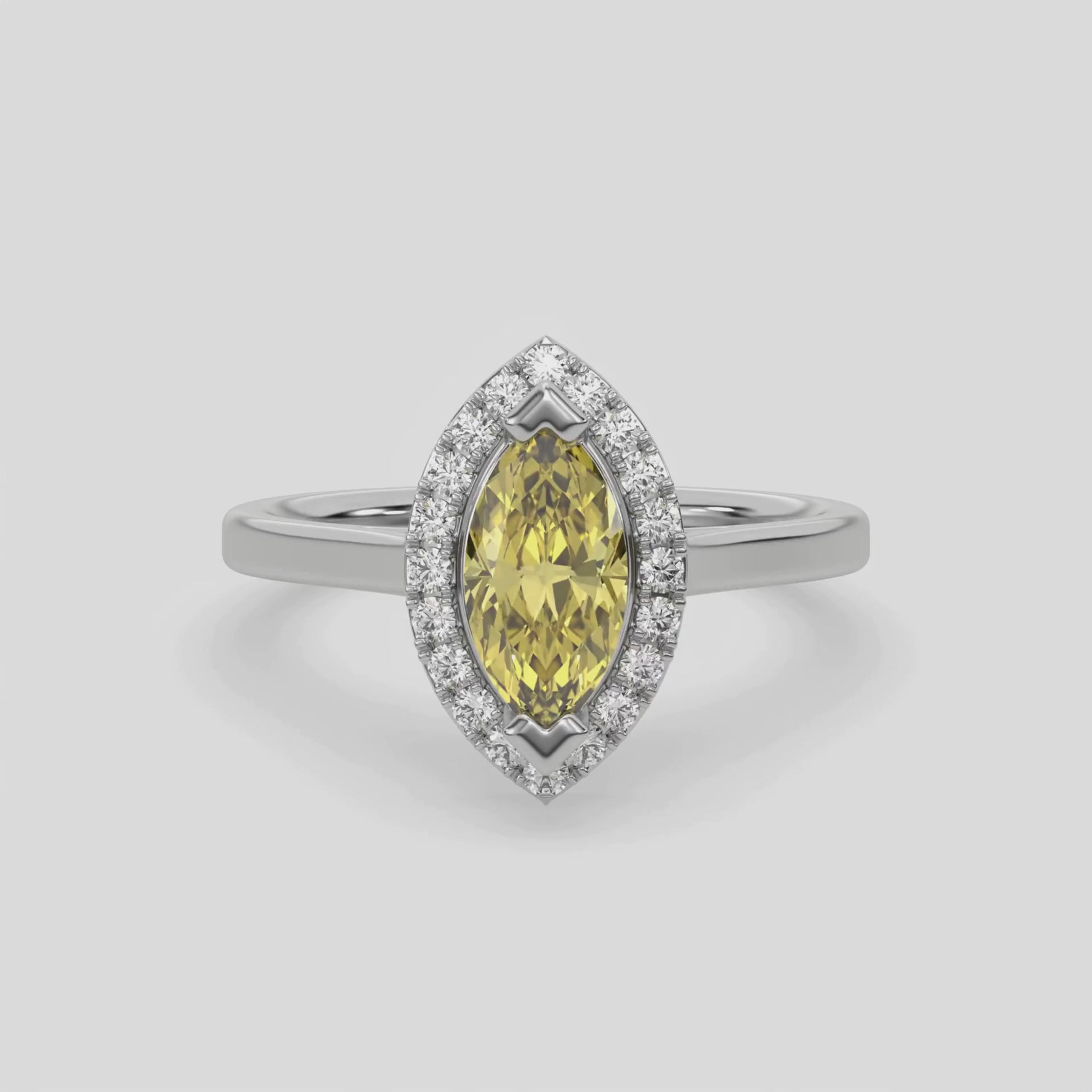 18K White Gold Fancy Yellow Marquise Diamond Halo Engagement Ring