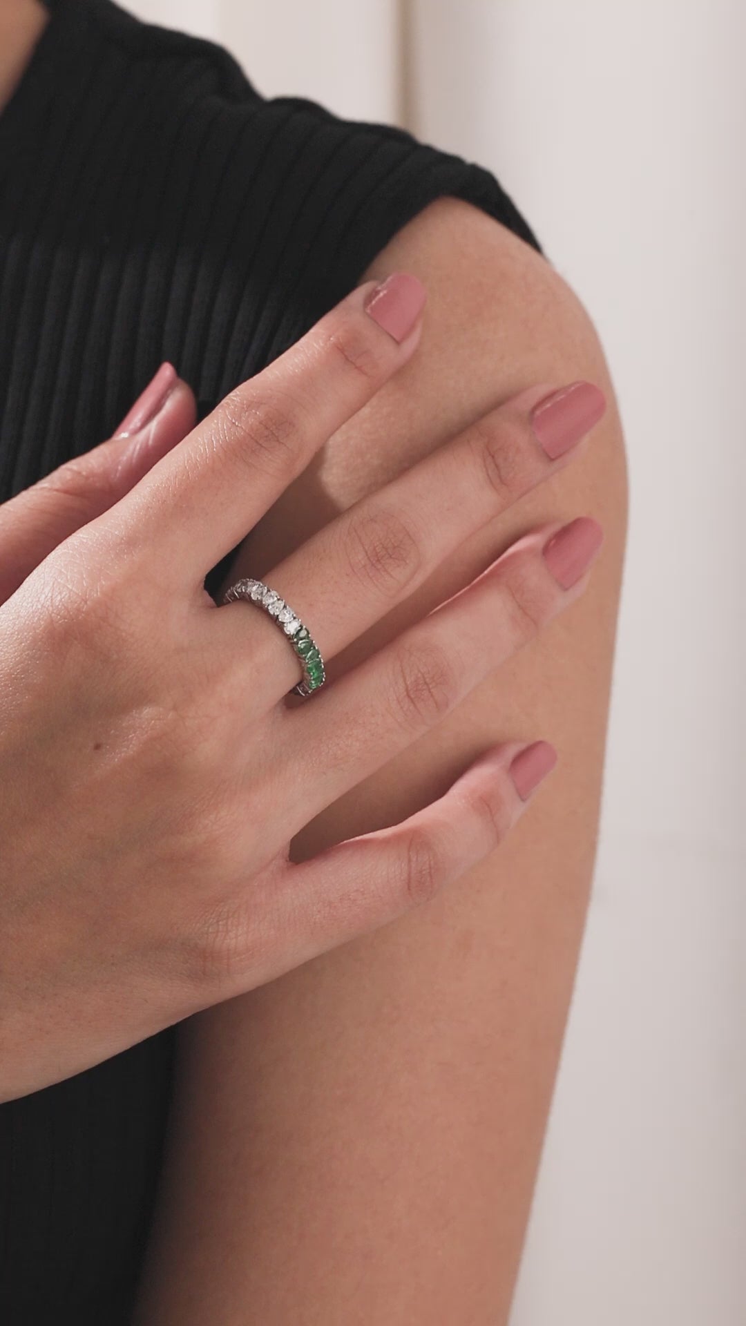 14K White Gold Pear Diamond and Emerald Gemstone Eternity Ring