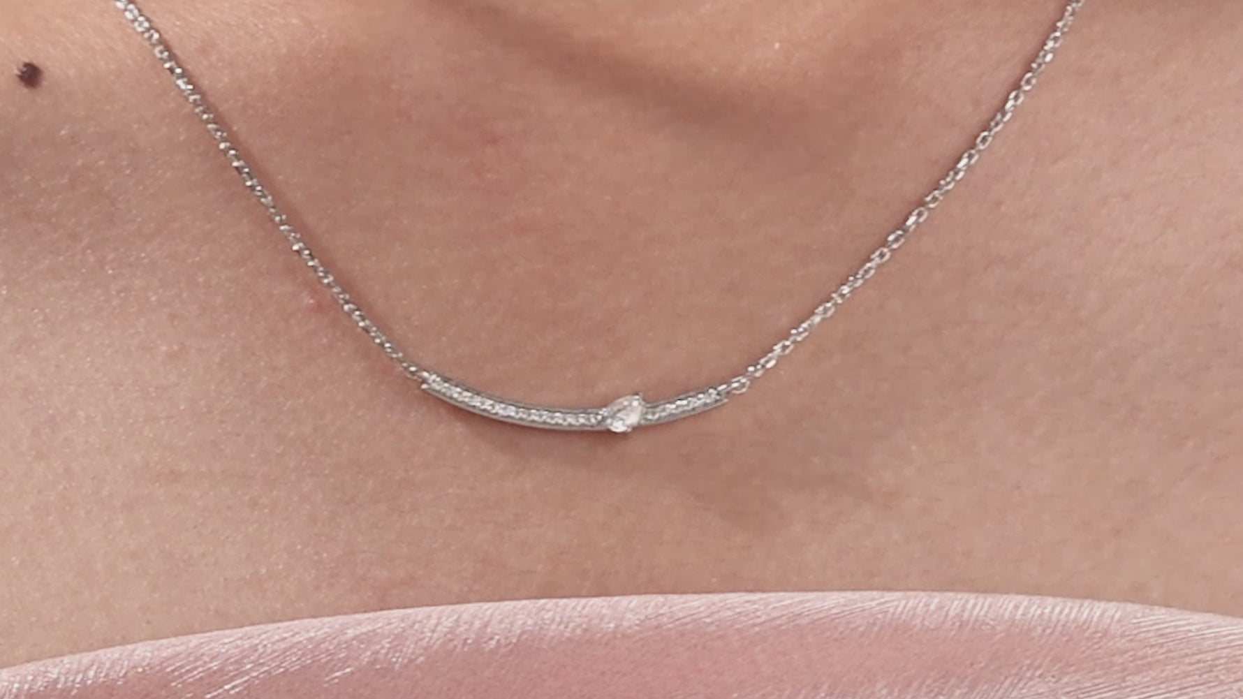 14K White Gold Pear and Round Cut Diamond Crescent Curve Necklace