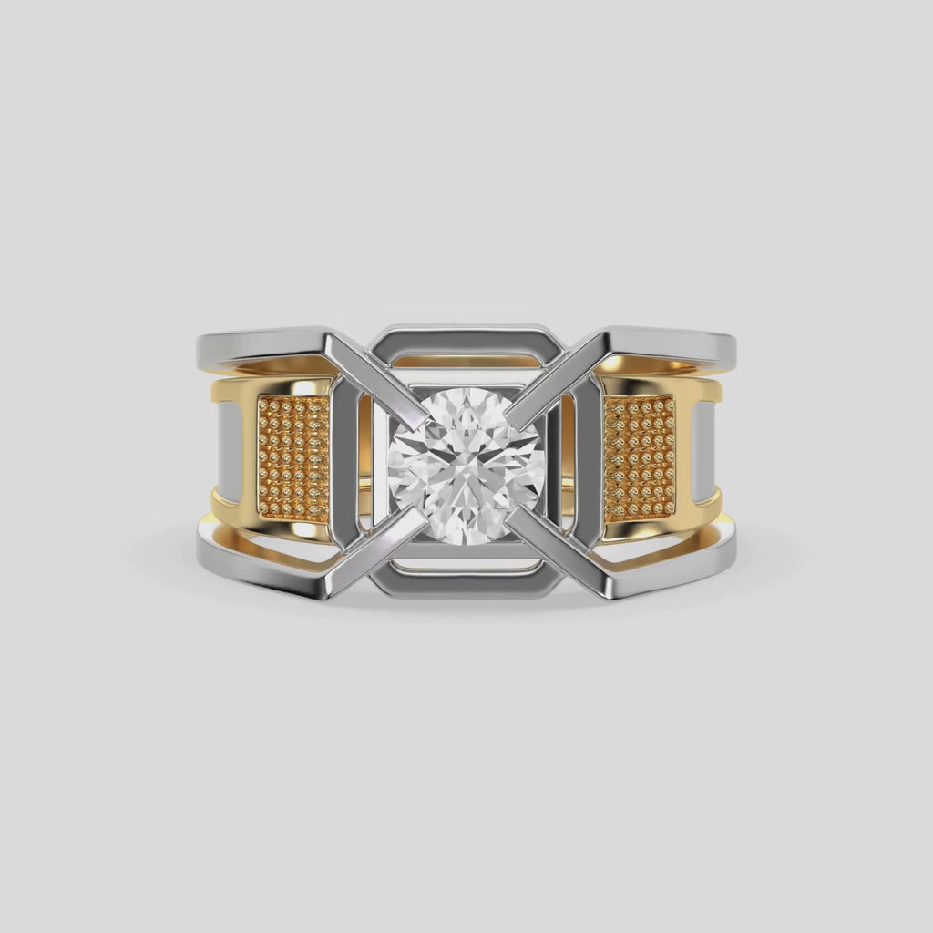 This two-tone gold men round diamond ring showcases a 1 Ct round diamond solitaire held elegantly in a four-prong setting