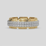 This captivating two-tone diamond eternity ring, meticulously crafted with approximately 1.35 carats of round brilliant-cut diamonds. Each diamond is elegantly set in a secure pave setting