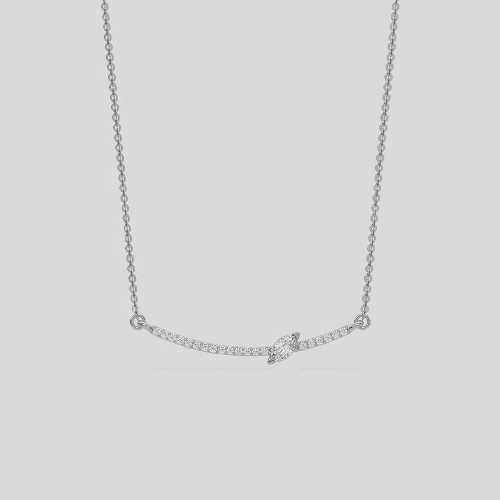 Curved Bar Diamond Necklace made with round brilliant-cut diamond in prong setting with a marquise solitaire on top set at an angle with adjustable chain