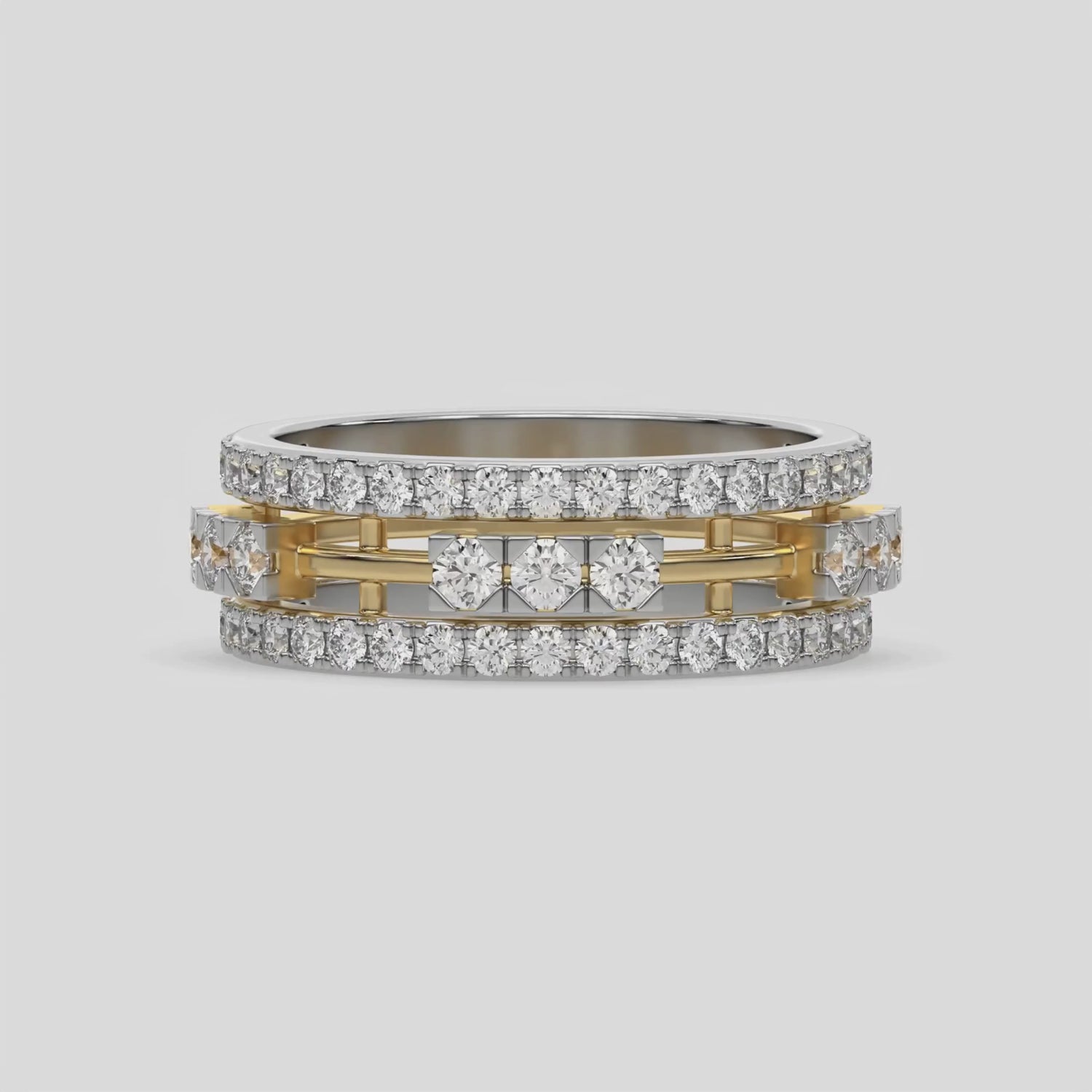 This dual-tone diamond eternity ring, featuring approximately 1.55 carats of round brilliant-cut diamonds meticulously set in a combination of prong and flush settings