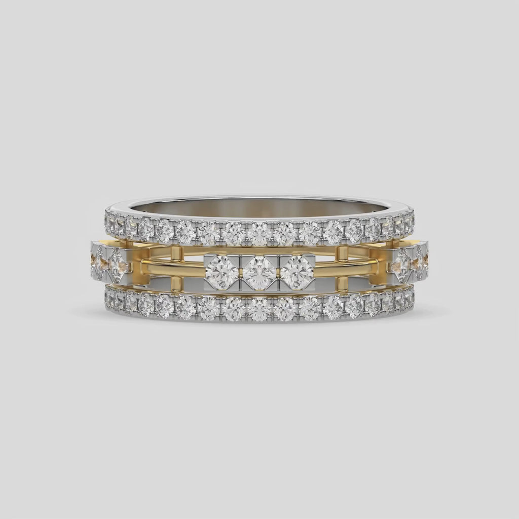 This dual-tone diamond eternity ring, featuring approximately 1.55 carats of round brilliant-cut diamonds meticulously set in a combination of prong and flush settings