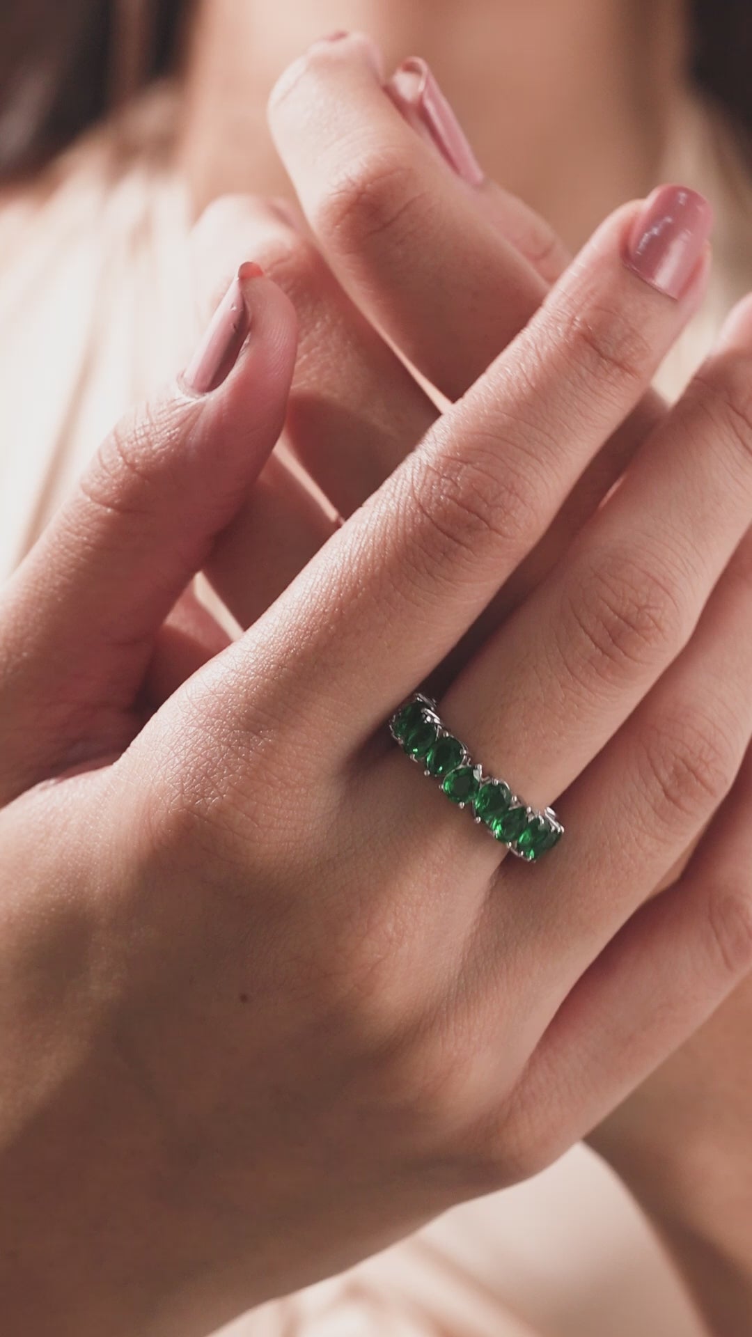 14K White Gold Pear Cut Emerald Gemstone Full Eternity Ring