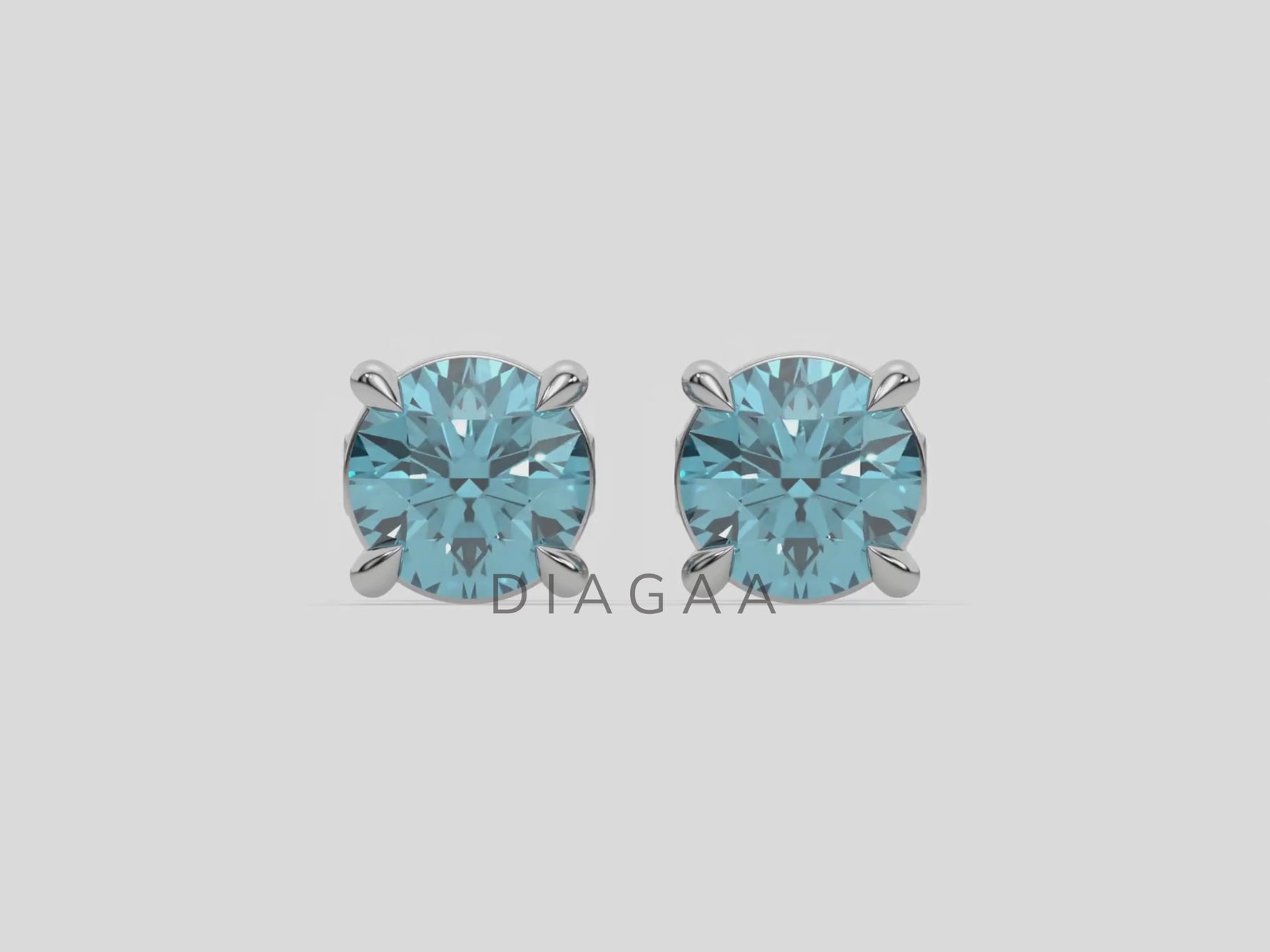 18k white gold Round Diamond Studs made with blue pink round brilliant-cut diamonds set in a four prong setting