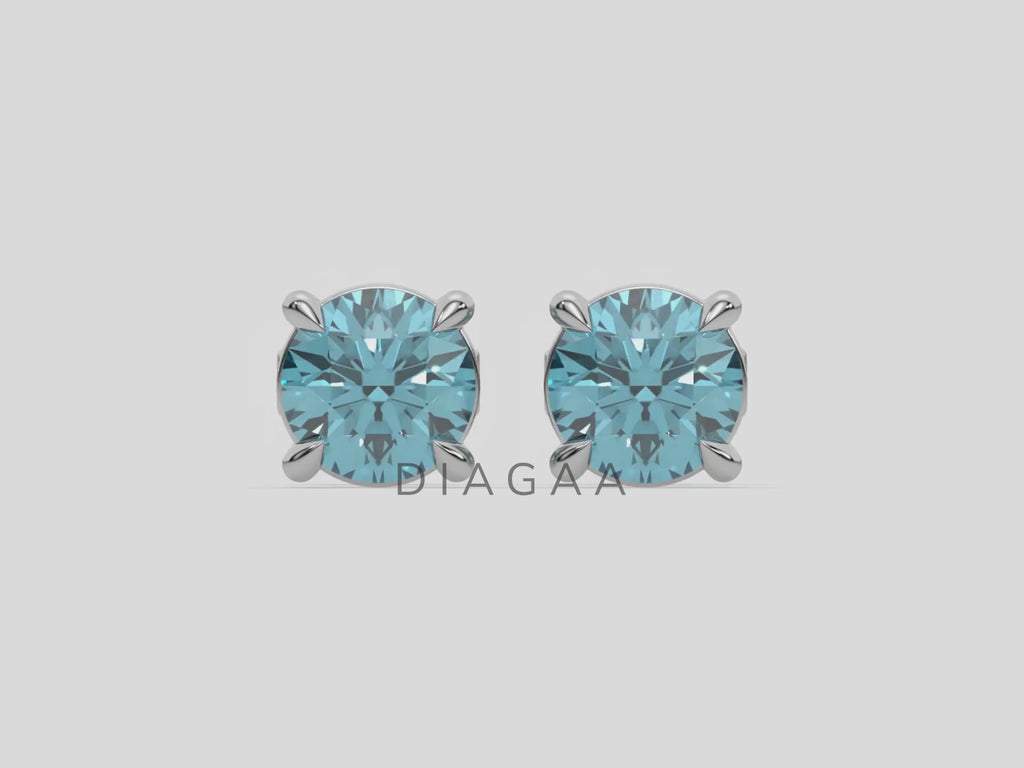18k white gold Round Diamond Studs made with blue pink round brilliant-cut diamonds set in a four prong setting