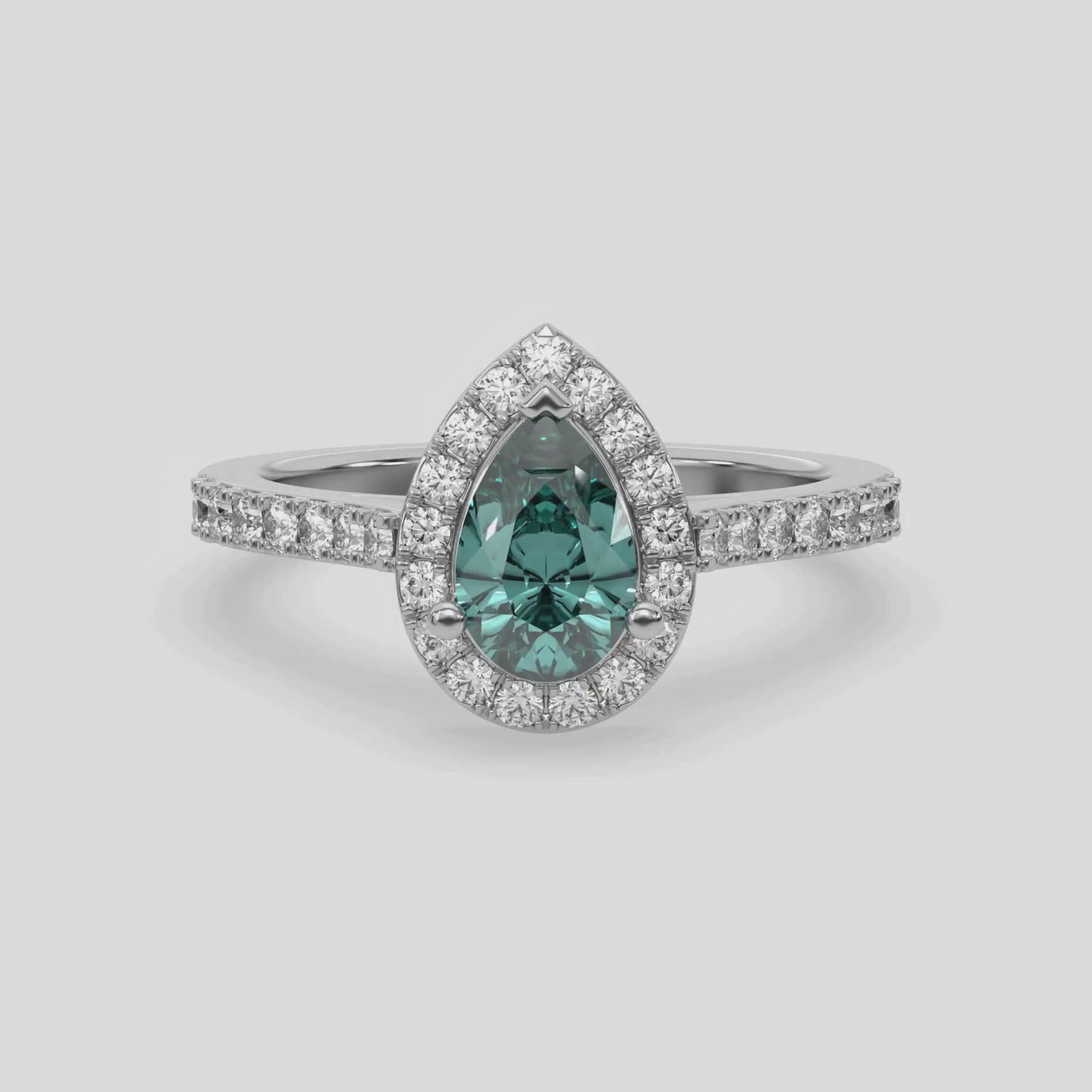 18K White Gold Fancy Green Pear Solitaire Diamond Engagement Ring 